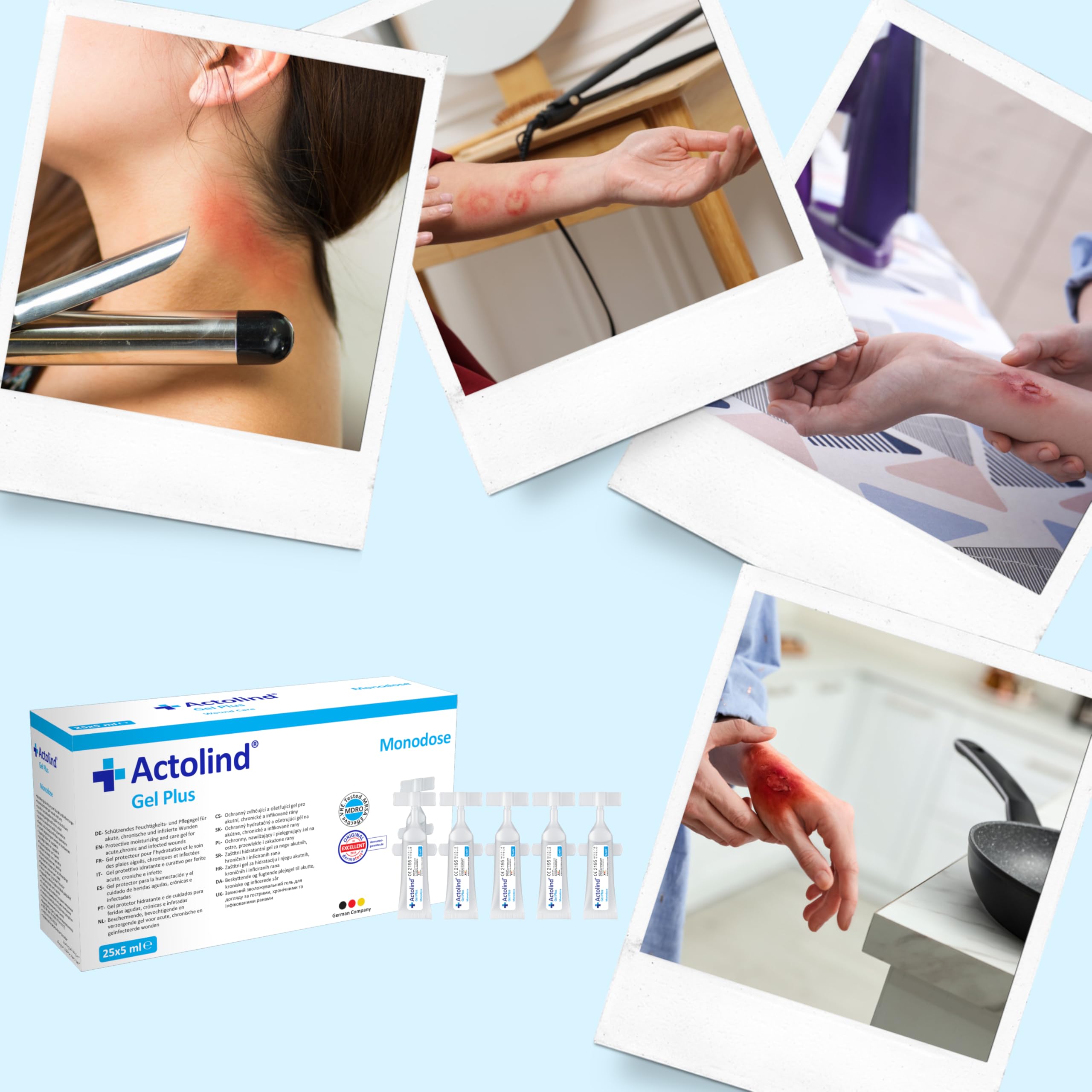 Actolind Gel Plus 25x5 ml – gel antisettico per ferite, indicato per ustioni, punture di insetti e abrasioni, nonché per ferite acute e cronicamente infette. CE III secondo MPG. Con PHMB.