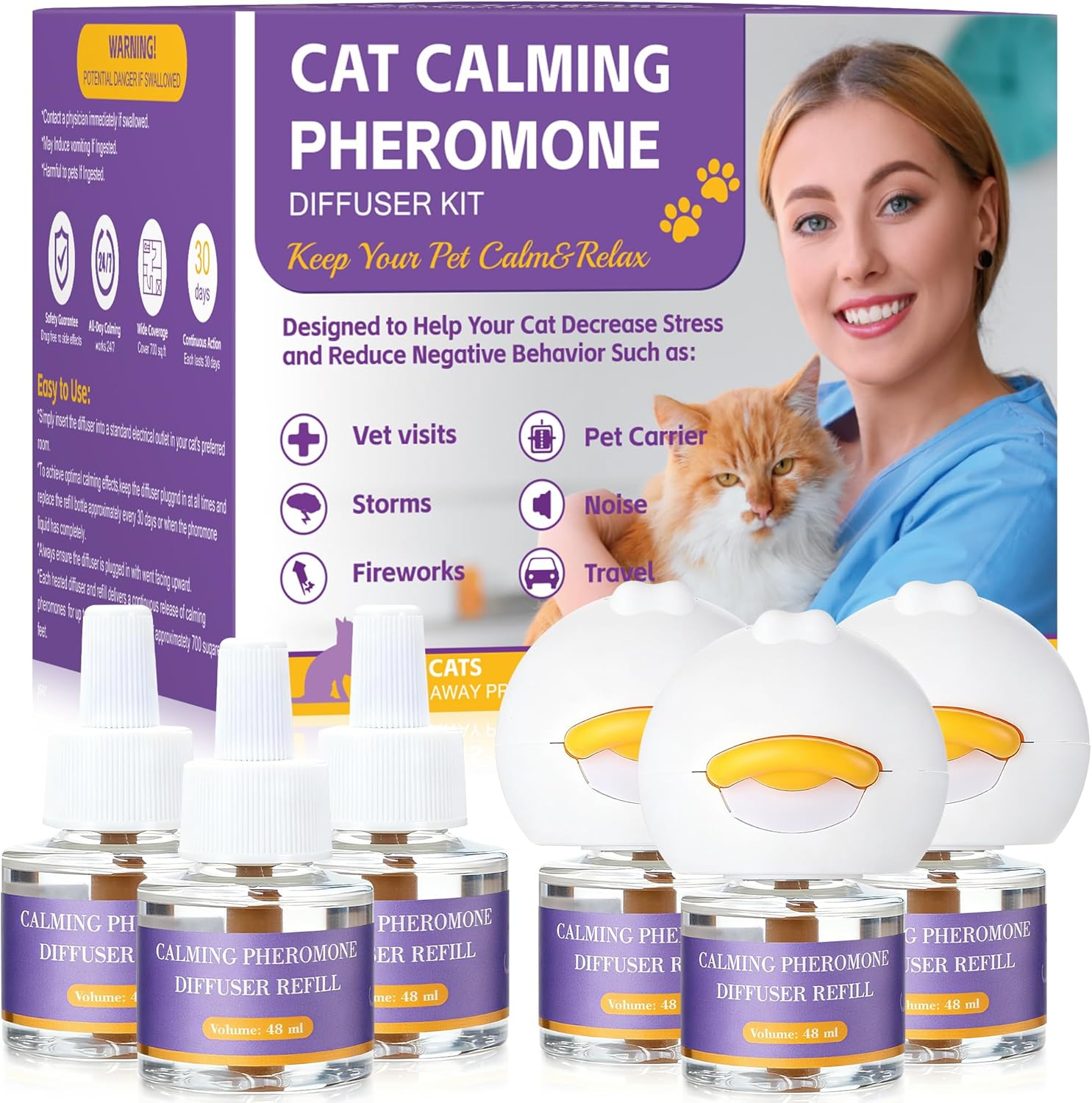 9-in-1 Advanced Cat Pheromone Calming Diffuser 180 Days (3 Plugs+6 Refills), Relieve Anxiety, Help Reduce Fighting, Spraying & Scratching, Drug-Free & Odorless Safe Relaxation Solution