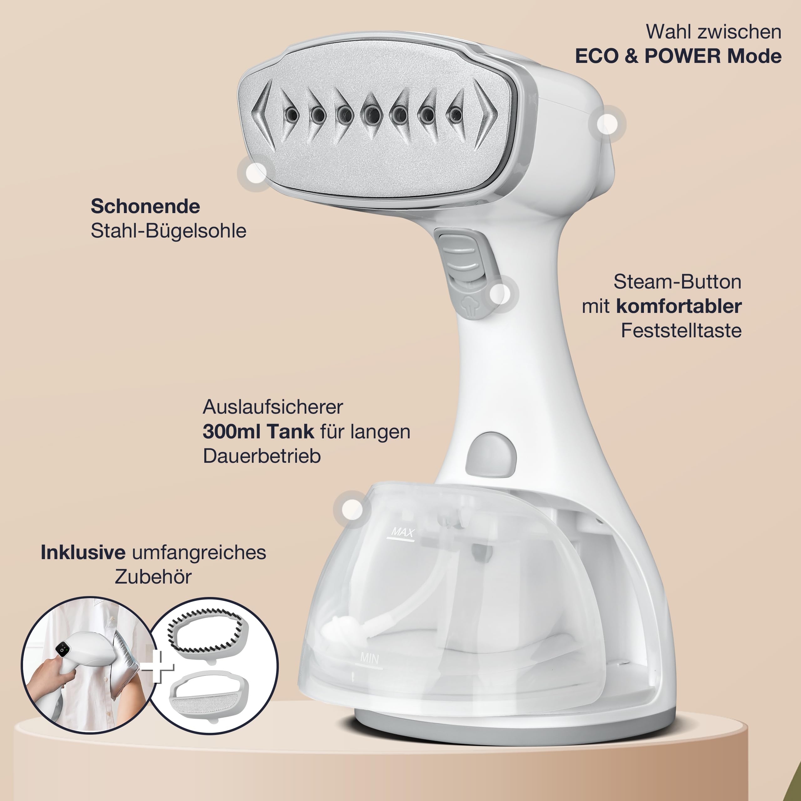 LEBENLANG Steamer Dampfglätter TESTSIEGER 1500W 300ml Bügelhandschuh Aufsätze Pro Dampfsteamer Kleidung Dampfbügeleisen Hand held steam iron Weiß