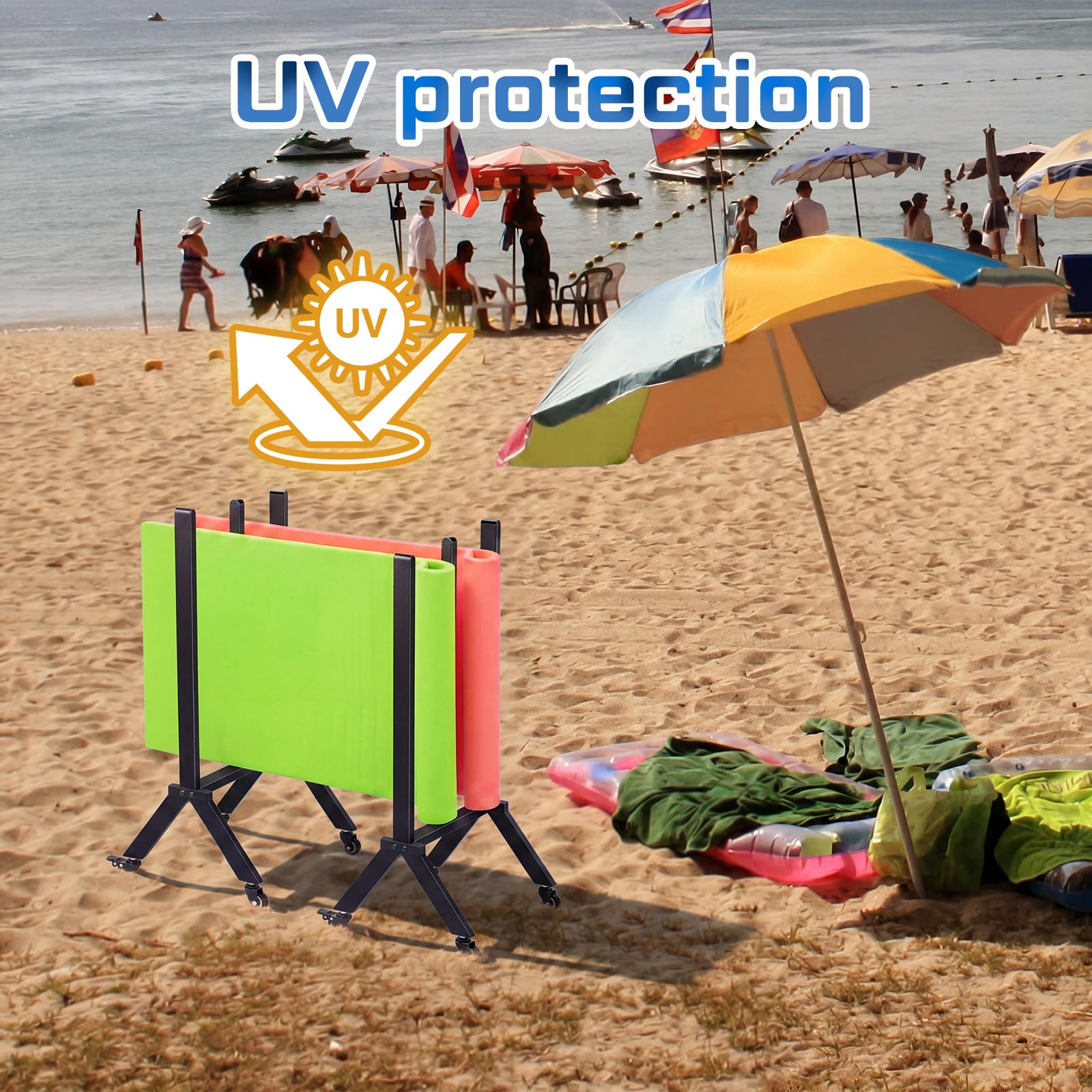 LEIFIDE Confezione da 2 supporti galleggianti per piscina con ruote in acciaio, organizer per galleggianti, zattere, noodle, giubbotti di salvataggio, palline da spiaggia (rack in acciaio, nero