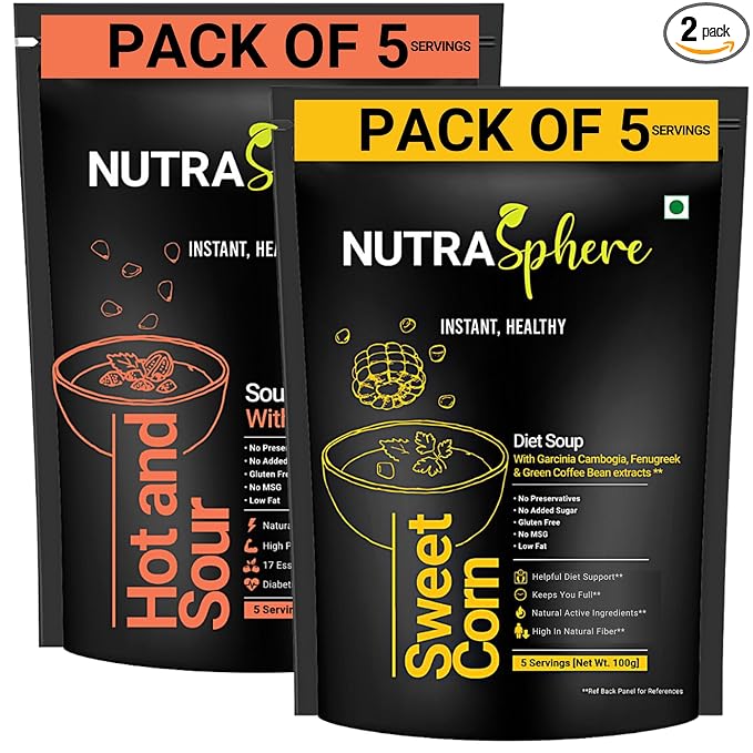 Diet Sweet Corn, Hot n Sour High Protein Soup Packets Combo | Weight Management, Natural, Healthy, Instant, Preservative Free, Sugarfree, Gluten Free, No MSG | 5 Sachet Each