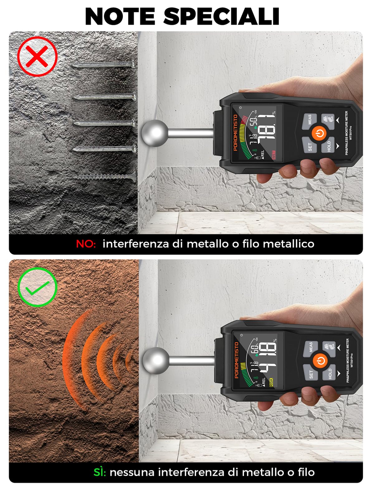 2 In 1 Igrometro Professionale Sonda Sfera&Sensore Pin, Misuratore Umidità Muri di livello Industriale, Igrometro Umidità Casa,20-40mm per Legno, Muratura, Pareti, Parquet