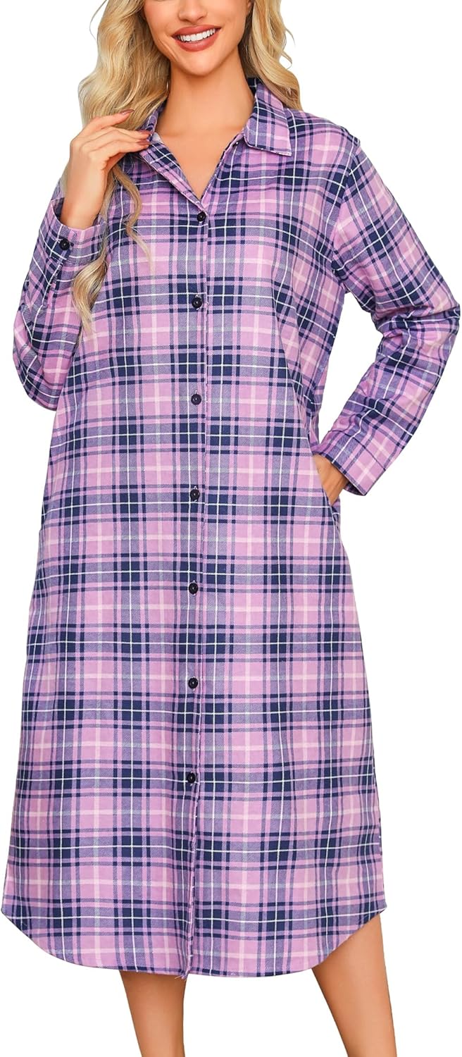 ENJOYNIGHT Womens Long Flannel Nightgown Plaid Nightshirt Button Down Pajamas Dress Long Sleeve Sleepshirts