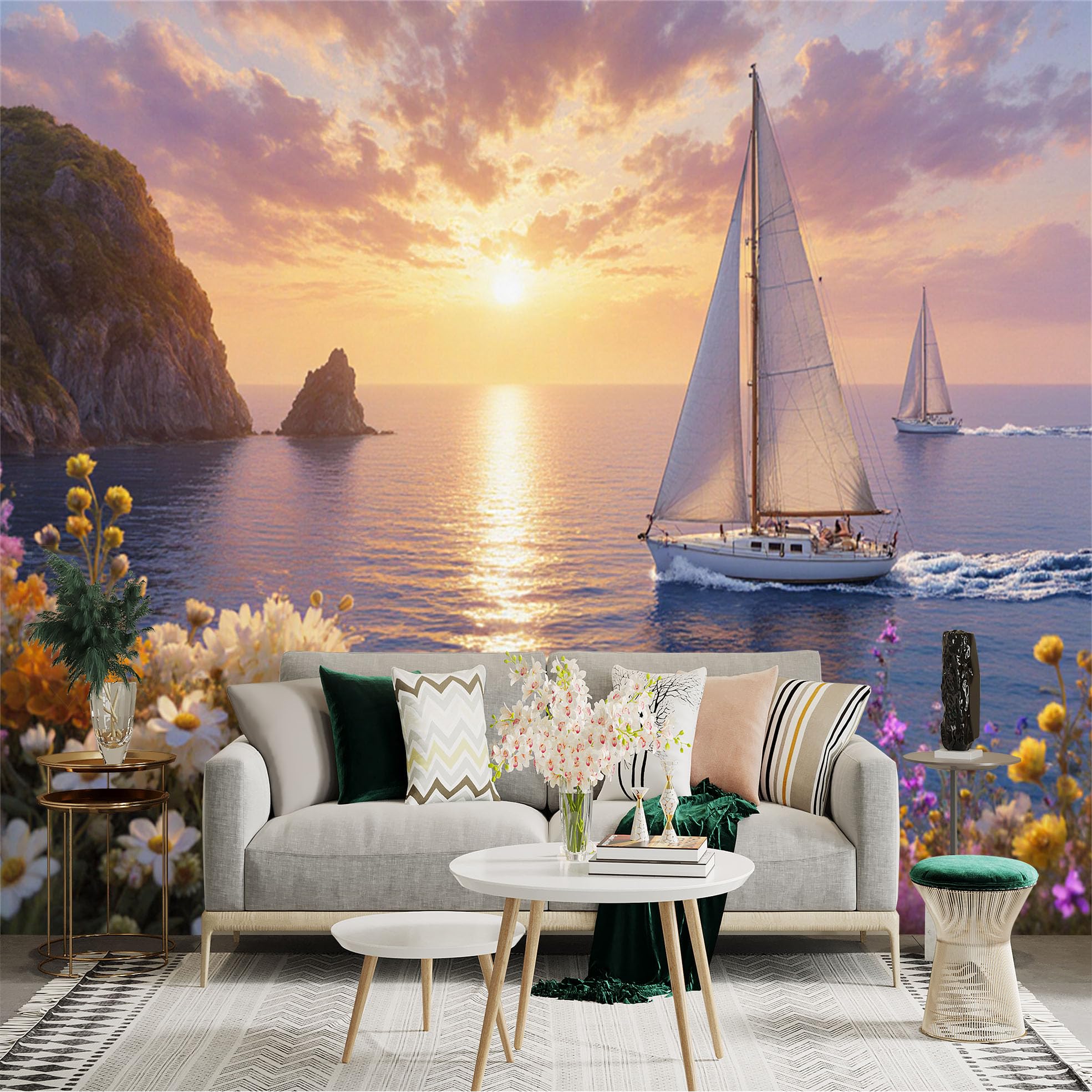 Custom Size Wall Sticker Mural， Sailboats on Ocean at Sunset， Golden Hour Seascape， Coastal Flowers， for wall Decoration， peelandstick wall Decals.