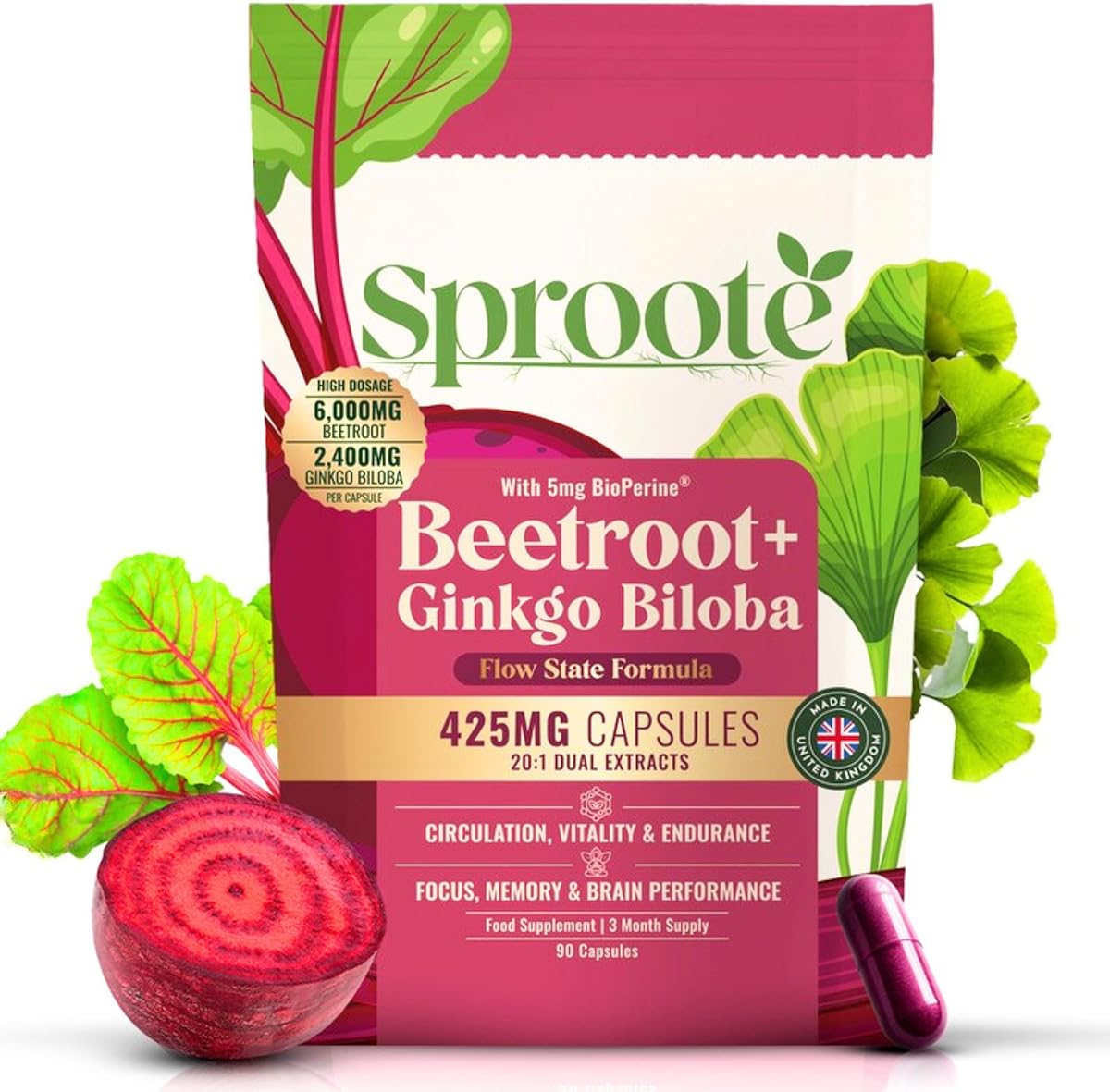 Beetroot + Ginkgo Biloba Capsules | 20:1 Extracts Equivalent to 6000mg Beetroot & 2400mg Ginkgo | 90 Capsules | Natural Focus & Circulation Support | Pure, No Additives, Vegan