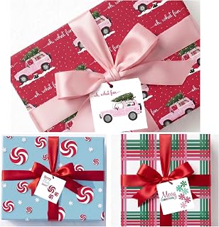 Premium Christmas Wrapping Paper Assortment – 9 Sheets (3 Each of Bronco, Peppermint & Modern Stripe Designs) – Holiday Gift Wrap, Vibrant Colors, Made in USA, 20 x 28 Inch Sheets