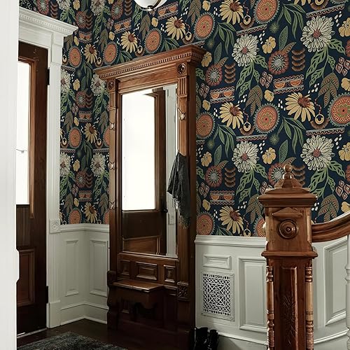 Miniatura 7 de Simon&Siff Papel tapiz bohemio para despegar y pegar, 17.3 x 120 pulgadas, diseño floral de sol, retro, extraíble, flores botánicas oscuras, mural