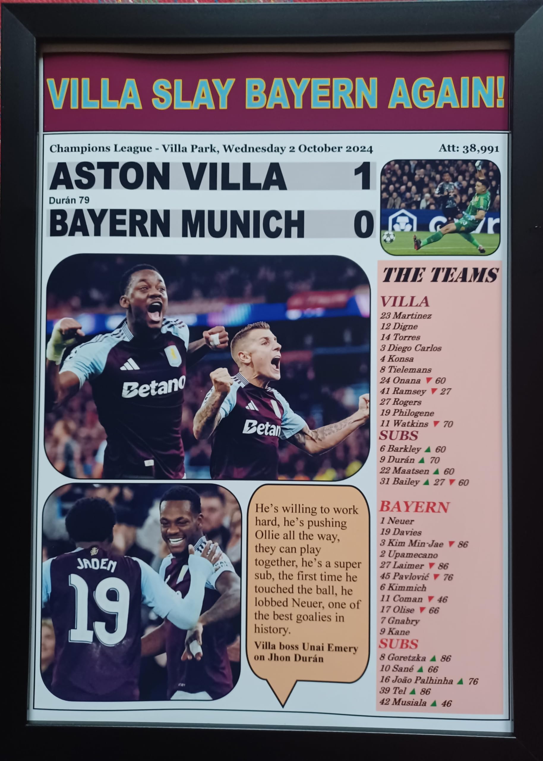 Assorted Multicoloured Aston Villa 1 Bayern Munich 0-2024 Champions League - Framed Print