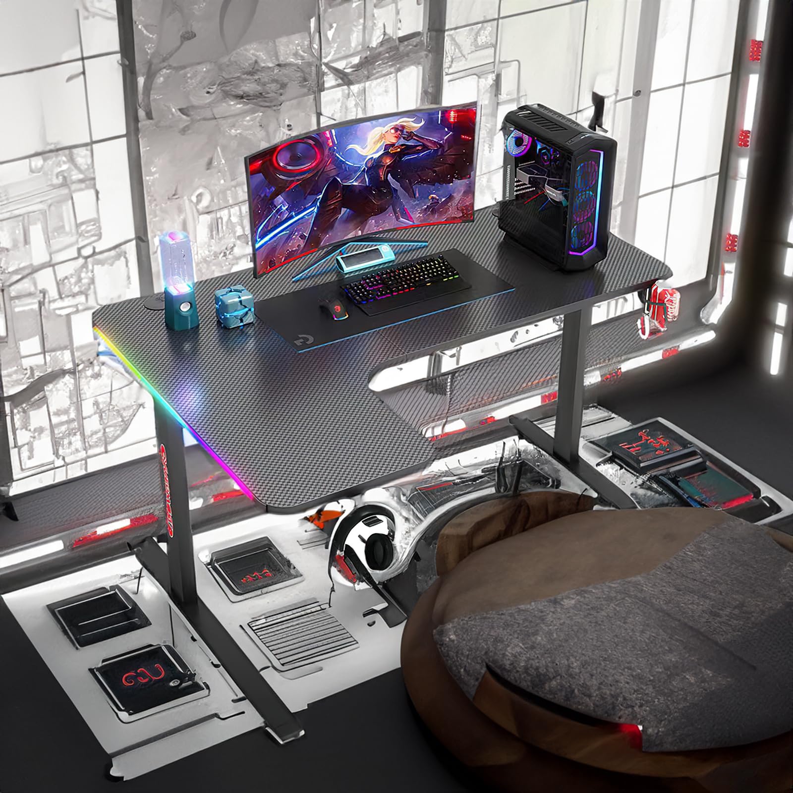 L-Shaped Gaming Desk with RGB Lights, 160x100cm Carbon Fiber Surface Professional Computer Desk,Gaming Center Table With Headphone Hook and Cup Holder(63x40",Left)