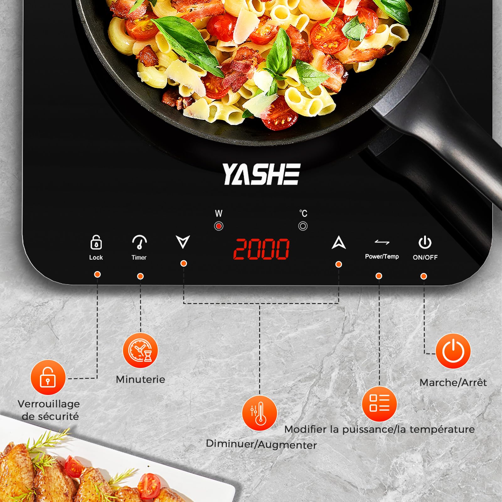 YASHE Plaque à Induction Portable 2000W, Réchaud Induction avec Commande Tactile, 10 Niveaux de Puissance et 10 Températures, Minuterie 4H, Verrouillage Enfant, Vitrocéramique