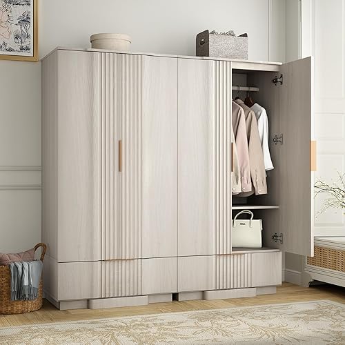 Miniatura 13 de Yechen Armario estriado de 67 pulgadas con puertas y cajón, armario de madera con estante ajustable, armarios pequeños modernos para almacenamiento