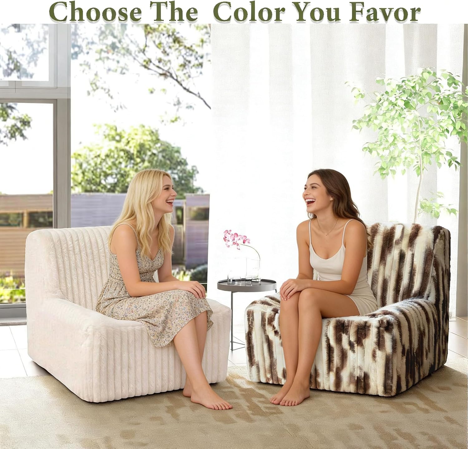 Trenda 32'' Comfy Bedroom Chair for Adult, Boneless Space-Saving Accent Chairs with with Spacious Seating, Soft Faux Fur, Ideal Floor Couch for Living Room,College, Dorm to Reading (White& Brown)