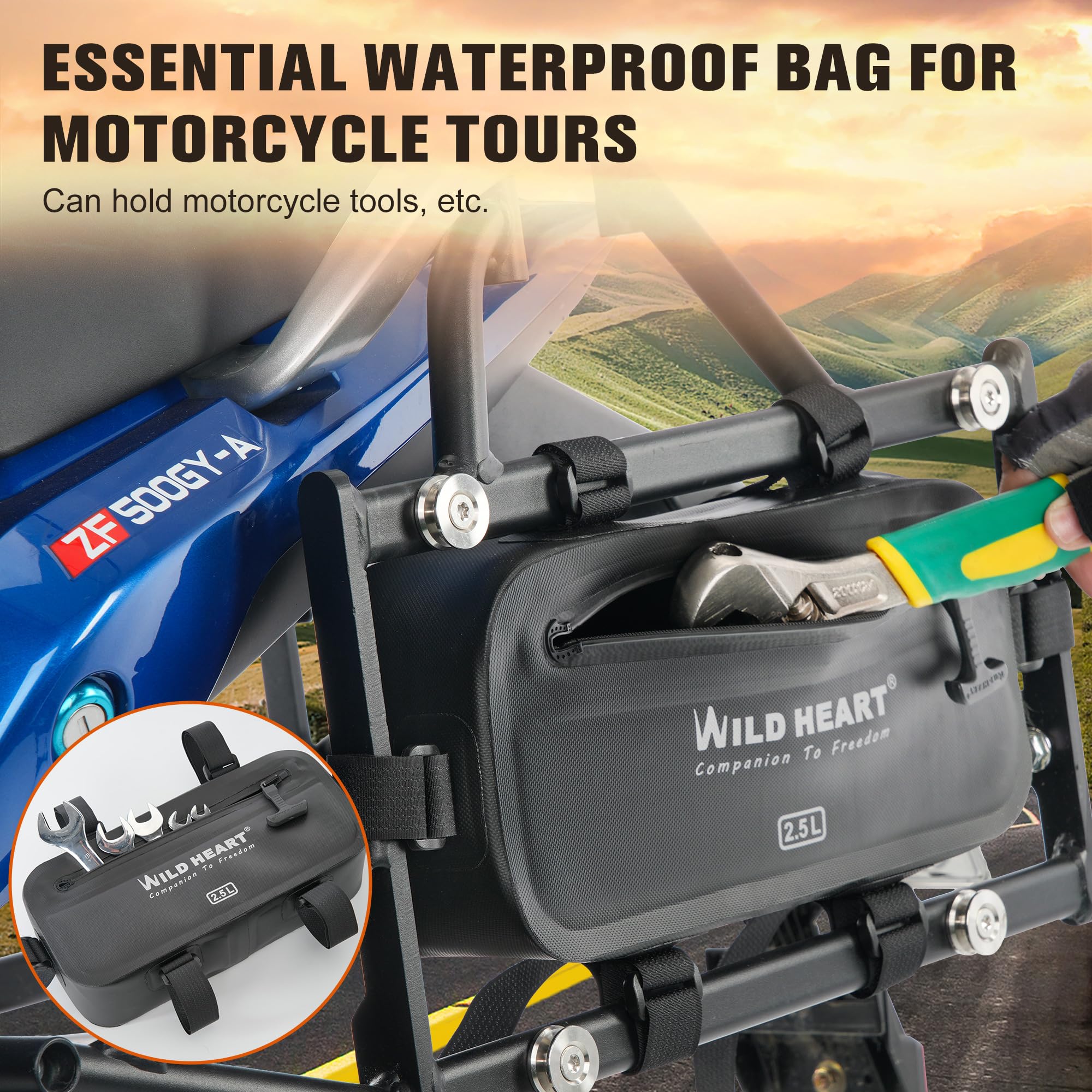 WILD HEART Borsa porta attrezzi laterale per moto, completamente impermeabile, per appendere accessori per moto