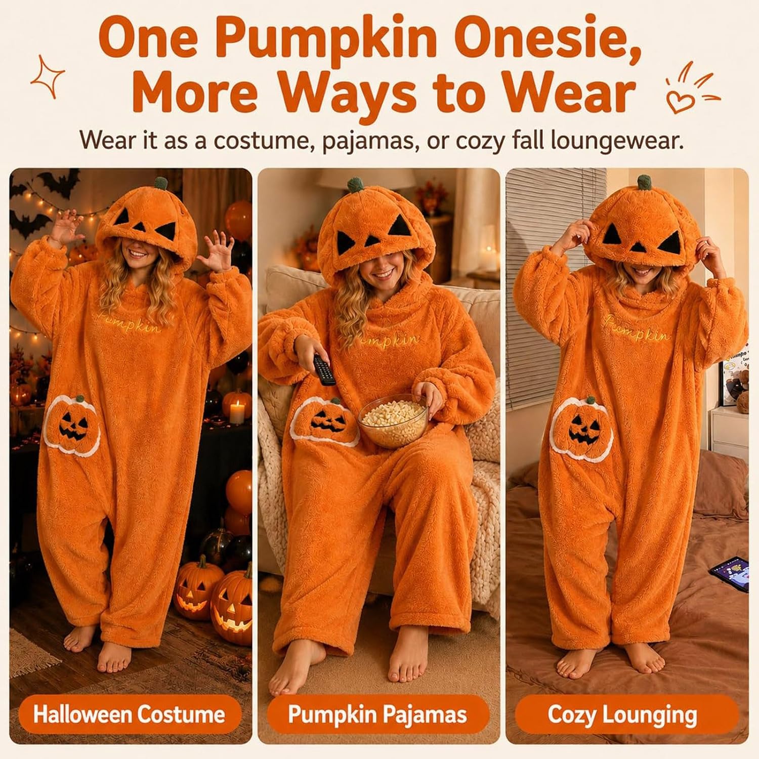 HJINGSUN Pumpkin Pajamas Women Halloween Fleeced Jack O Lantern Pajamas | Womens Halloween Costumes 2026 Adult Oversized One Piece Orange Jumpsuit Plush Pajamas with Hood Loungewear Cosplay Costume