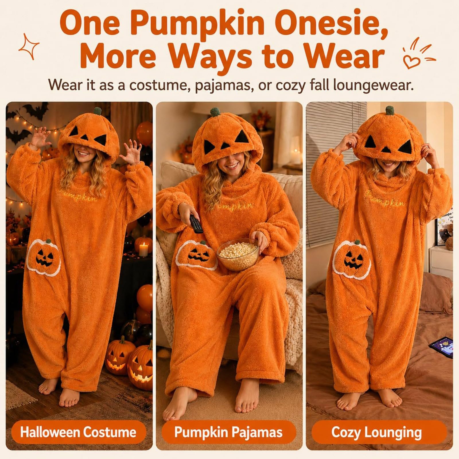 Costume Halloween Donna, Pigiama Intera Halloween Zucca con Cappuccio, Tuta Onesie in Pile Decorazioni, Pigiama Completo Adulto da Casa per Carnevale, Festa, Cosplay, Natale e Serate a Tema