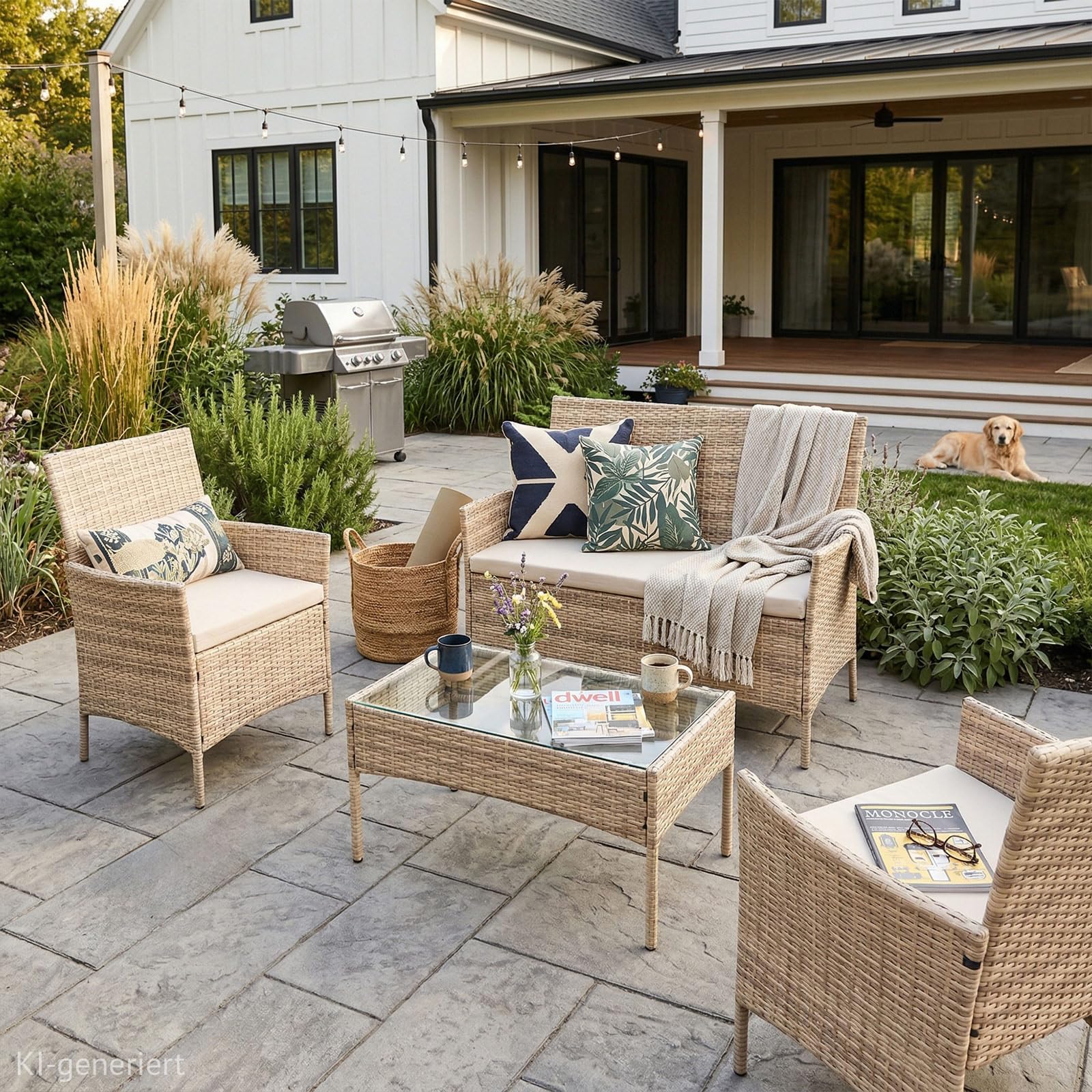 SVITA Brooklyn Gartenlounge 4-teilig Polyrattan Lounge Set wetterfest Garten Terrasse Balkon inkl. Kissen Glas Tisch Beige