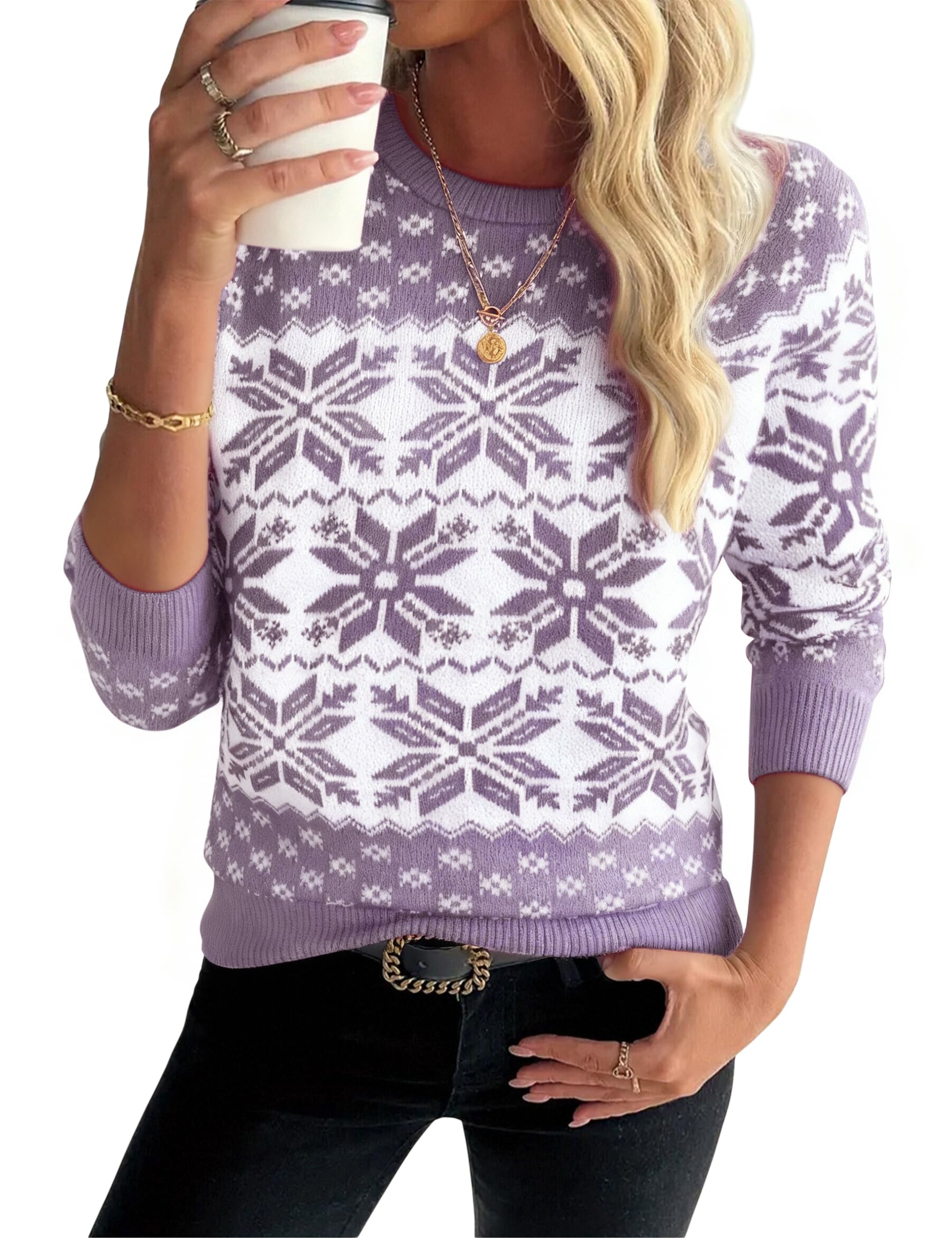 Demegimi Weihnachtspullover Damen Norweger Schneeflocken Winter Pullover Warm Strickpullover Rundhals Langarm Christmas Sweater