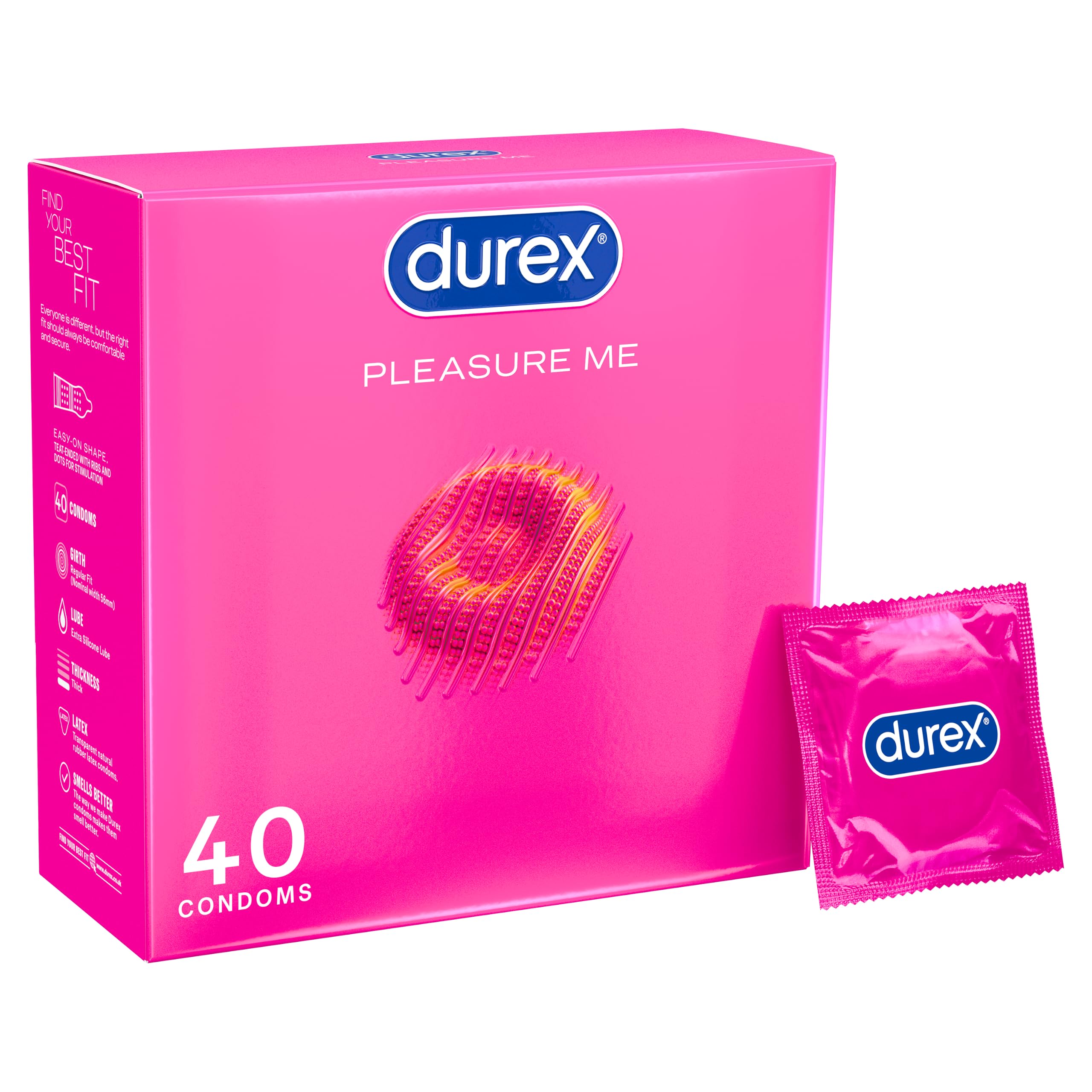 Durex Pleasure Me, 40 Condoms, Ribbed & Dotted, Regular Fit, Pre Lubricated