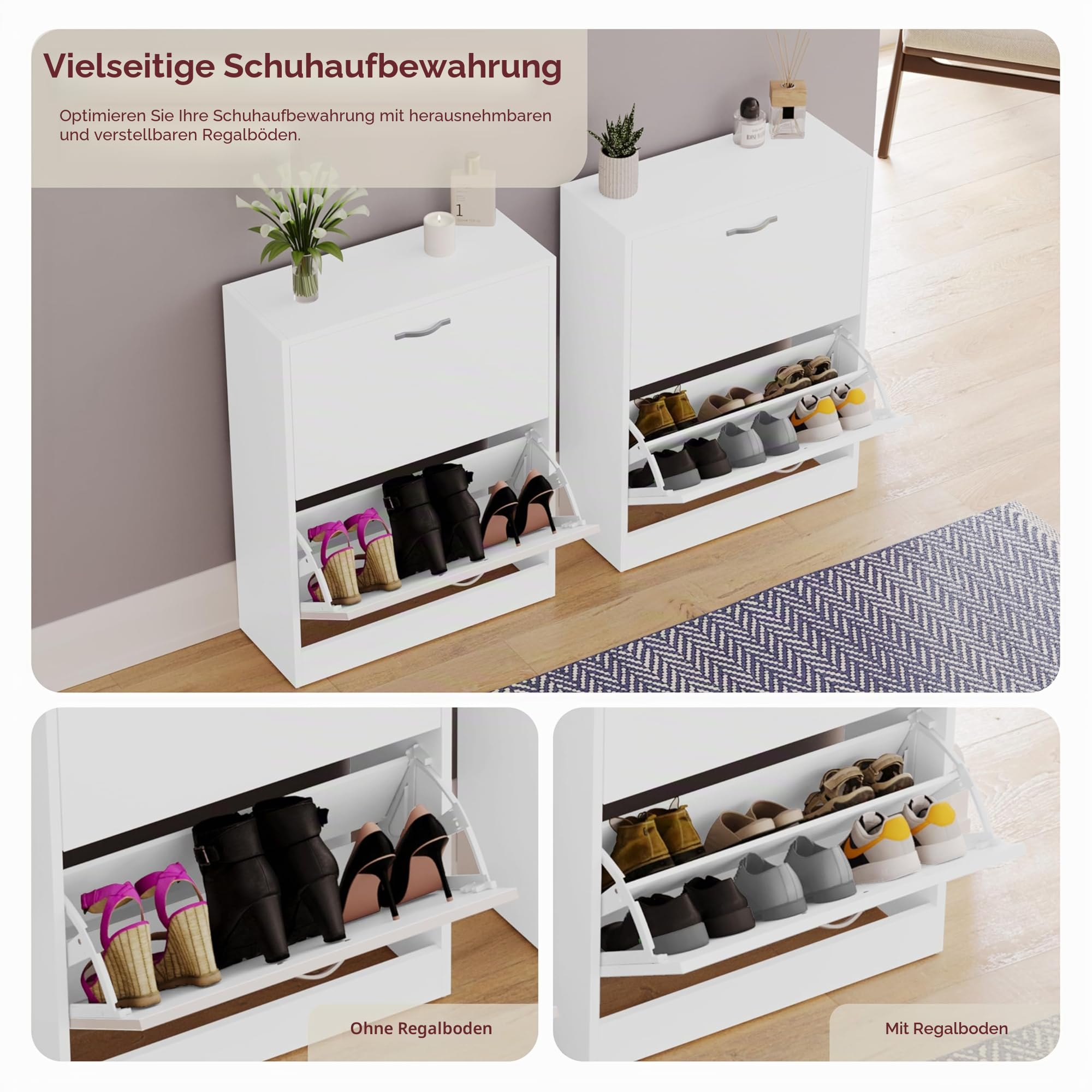 Vida Designs Schuhkipper mit 2 Klappen | 80 H x 60 B x 24 T cm | Weiß | Platzsparender Schuhschrank für bis zu 10 Paar Schuhe | Kippschutz | Flurmöbel für Eingangsbereich