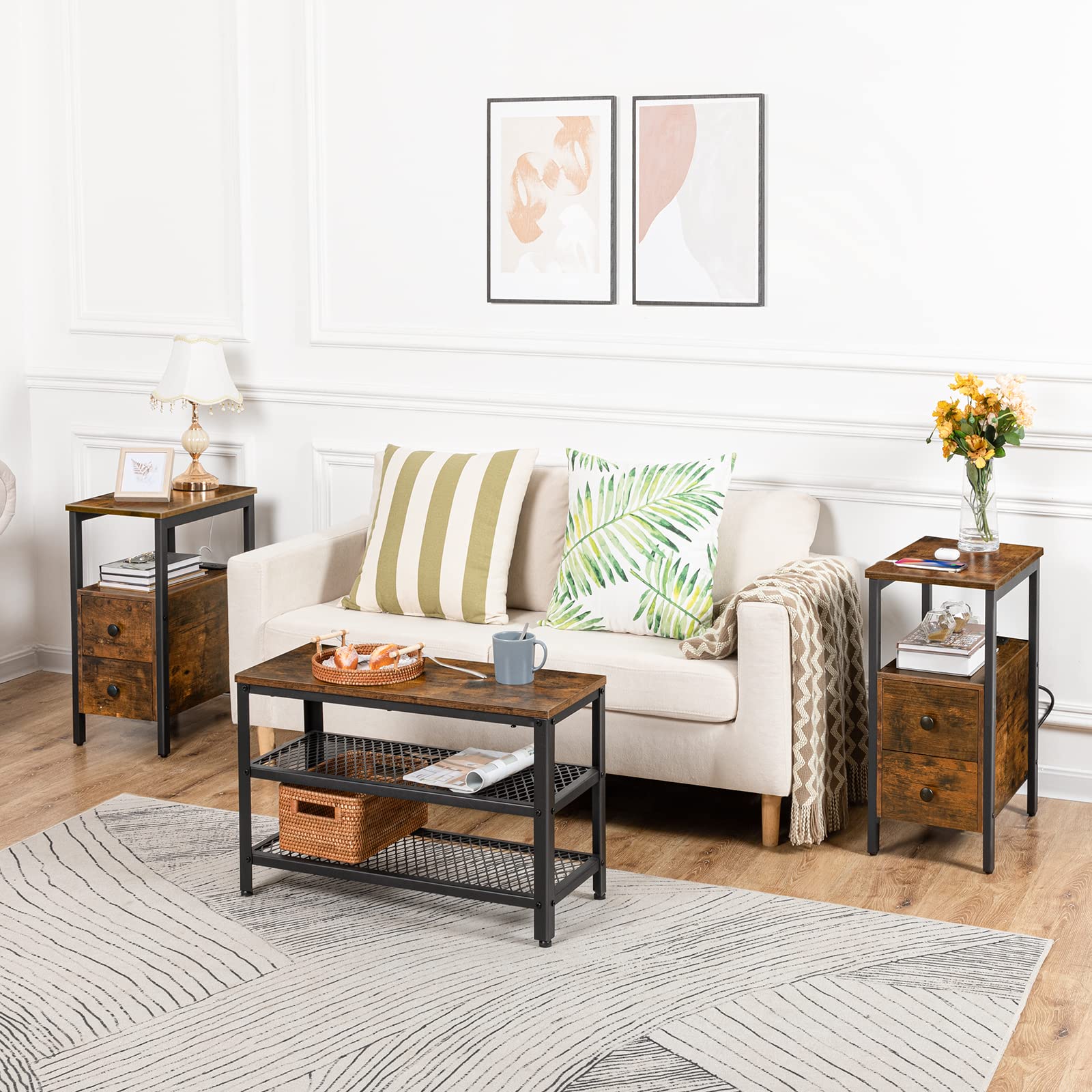 HOOBRO End Table with Charging Station, Narrow Side Table with 2 Drawer & USB Ports & Power Outlets, Nightstand for Small Spaces, Stable and Sturdy, for Living Room, Bedroom, Rustic Brown BF541BZ01