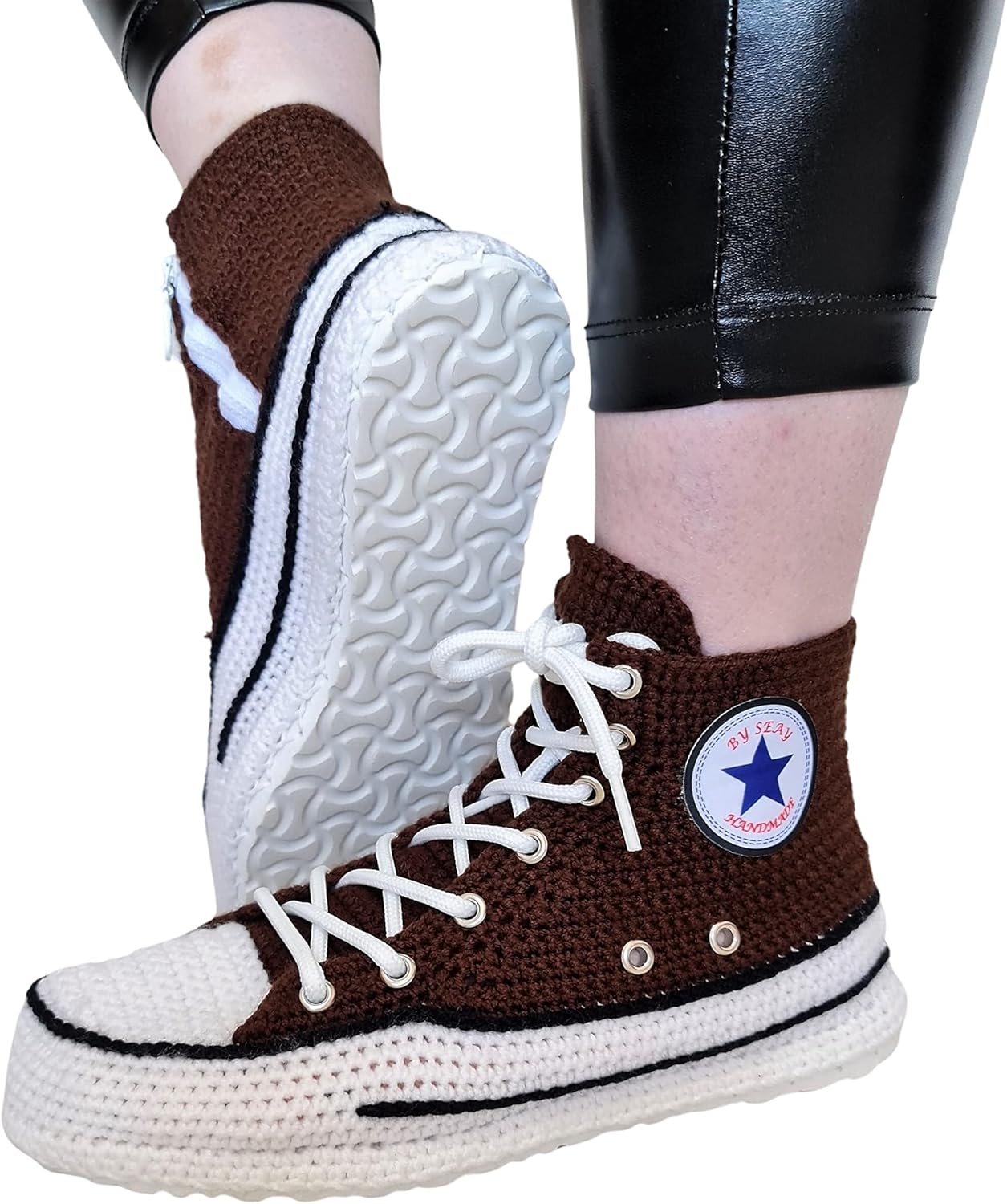 Brown Unisex Handmade Canvas Sneaker Slippers, Cozy Crochet Booties, Rubber Sole, Plush House Shoes for Men & Women – Fits Men & Women (US 5–13) Adult Sizes