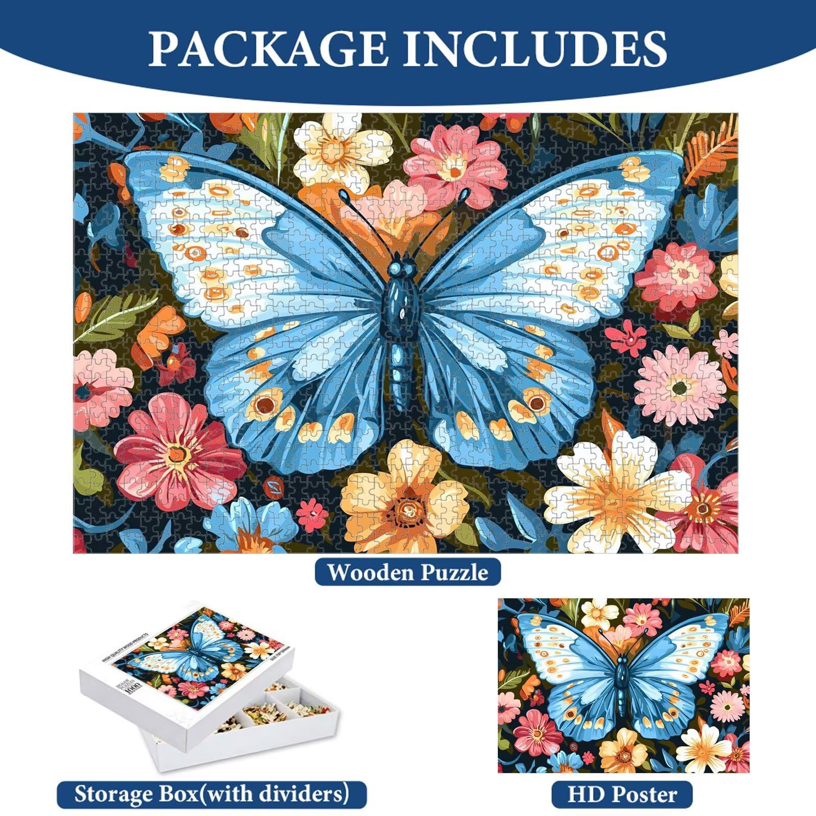 1000 Teile Puzzle für Erwachsene, Schmetterling & Blume Holz Puzzle 1T#619
