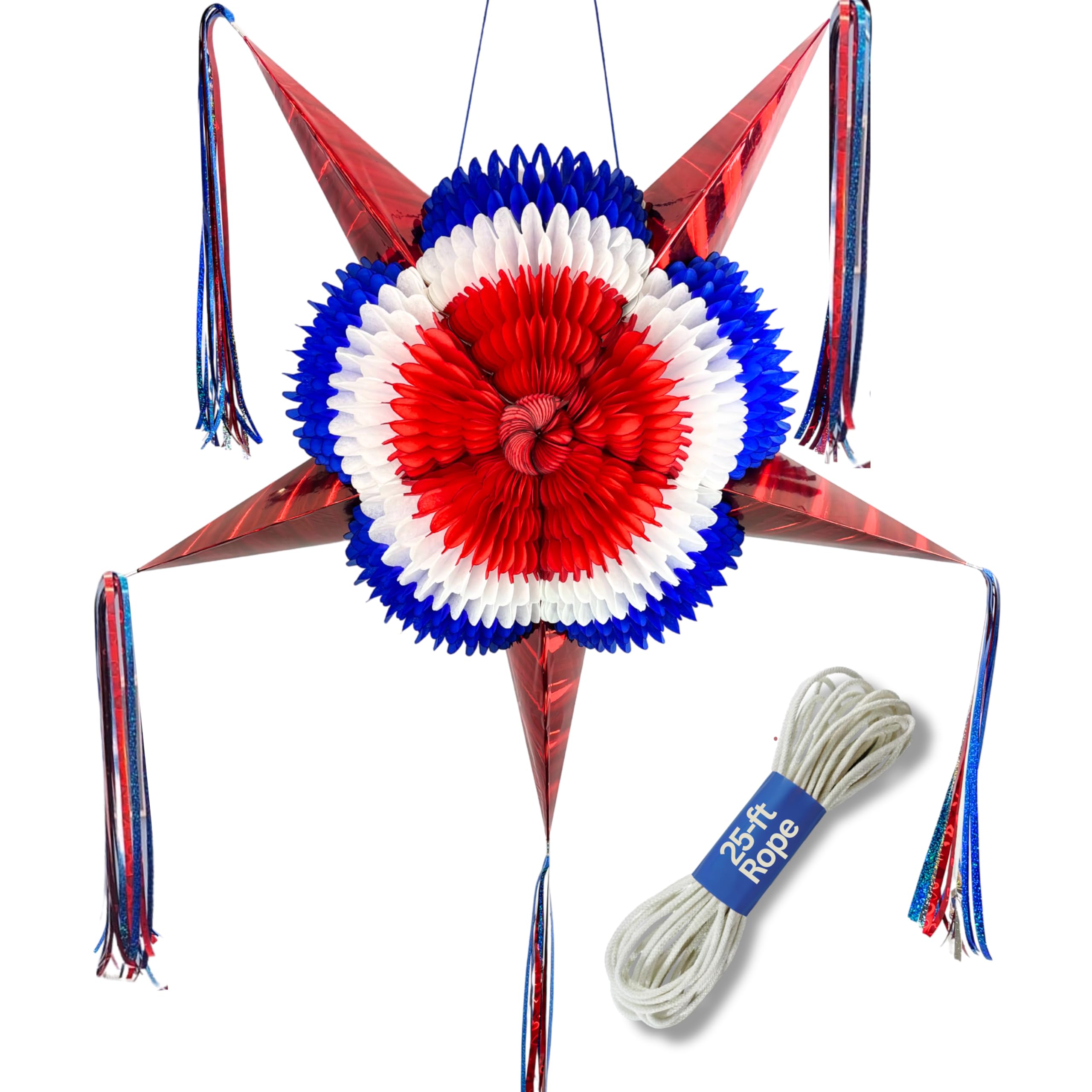 Patriotic American Flag Piñata, Large Pinata (32", 25-ft rope included) Red, White, and Blue USA Pinata, Superhero Party Decorations, Captain America,