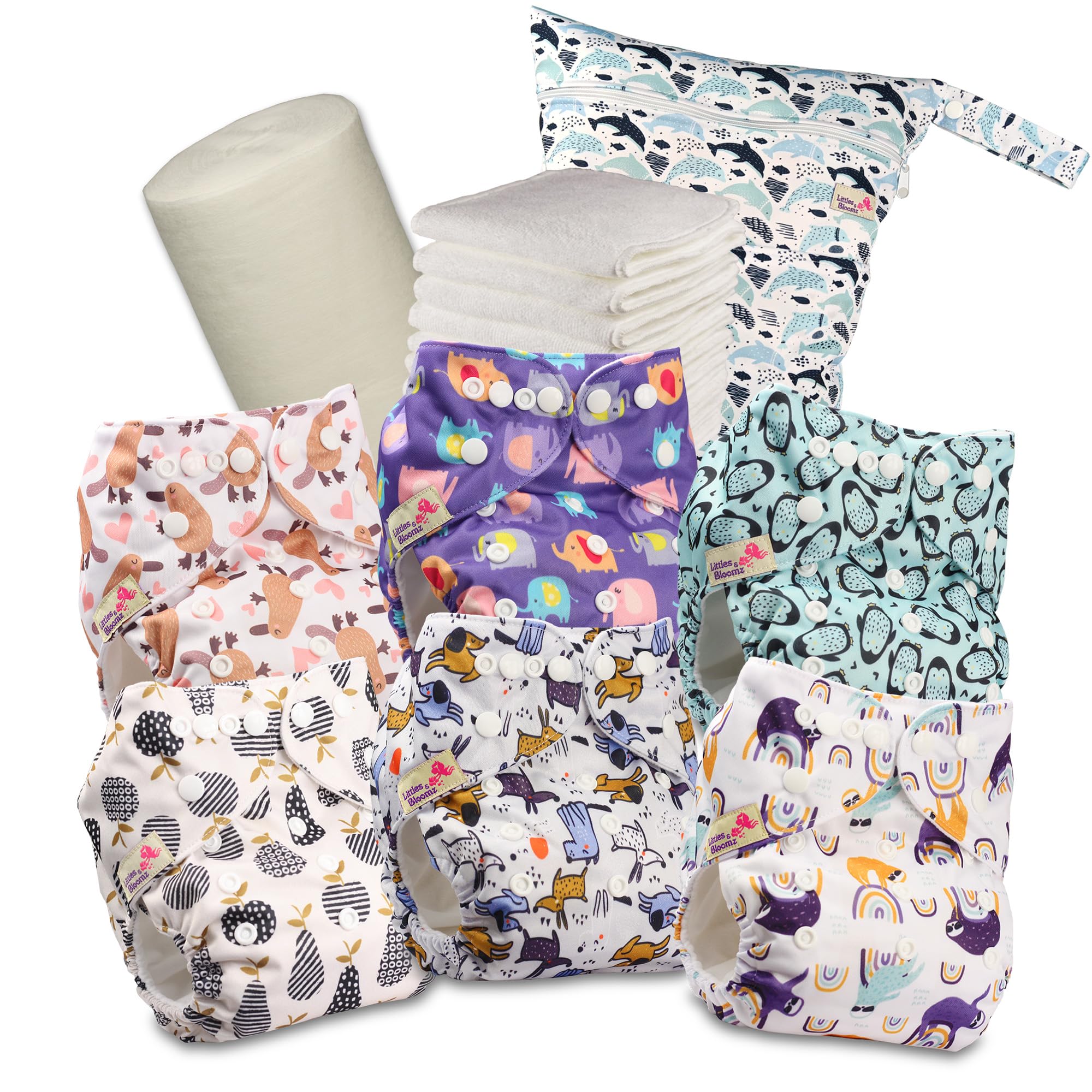 Littles & Bloomz Reusable Nappies Pocket Cloth Nappy with Standard Poppers, 6 Nappies + 6 Microfibre Inserts, Bamboo Liner & Wet Nappy Bag 628PM6