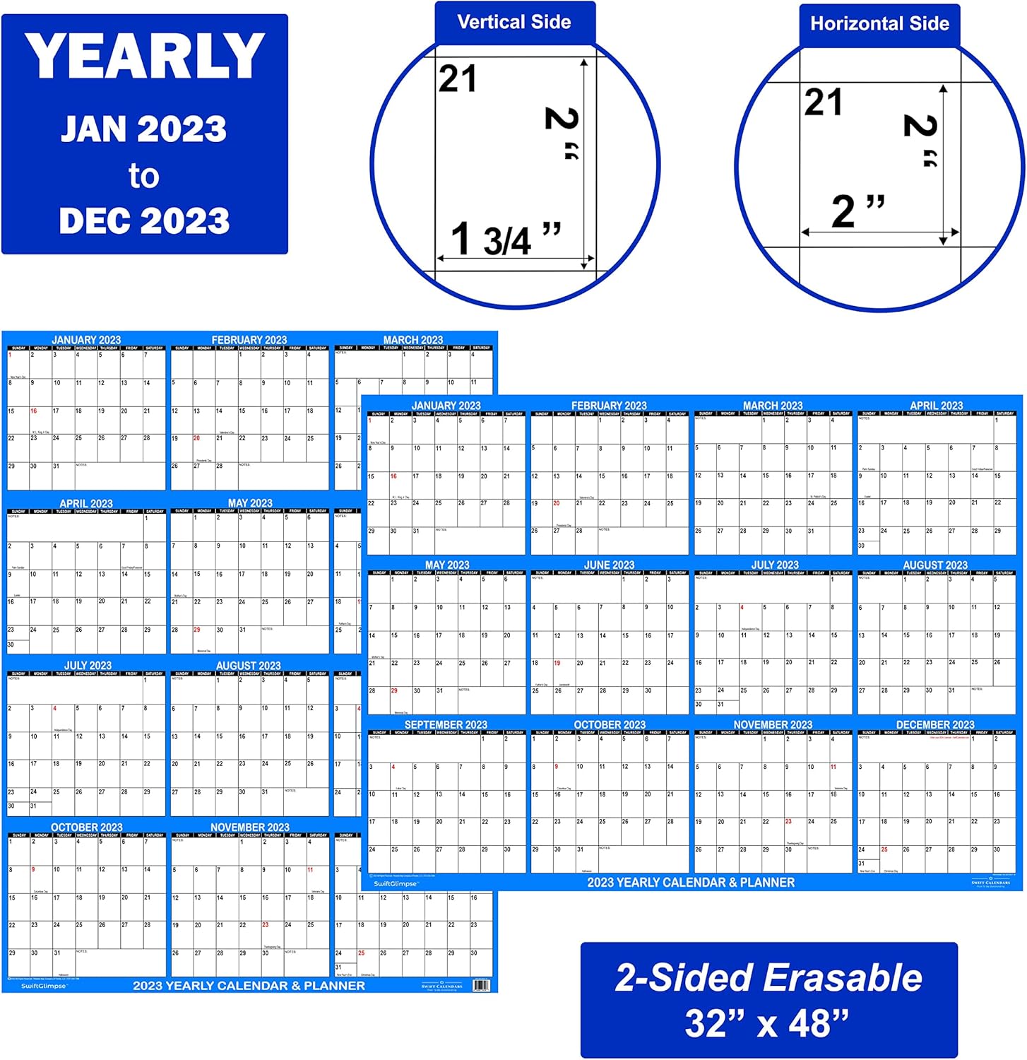 32" x 48" SwiftGlimpse 2023 Wall Calendar Erasable Large XL Wet & Dry Erase Laminated 12 Month Annual Yearly Wall Planner, Reversible, Navy : Office Products