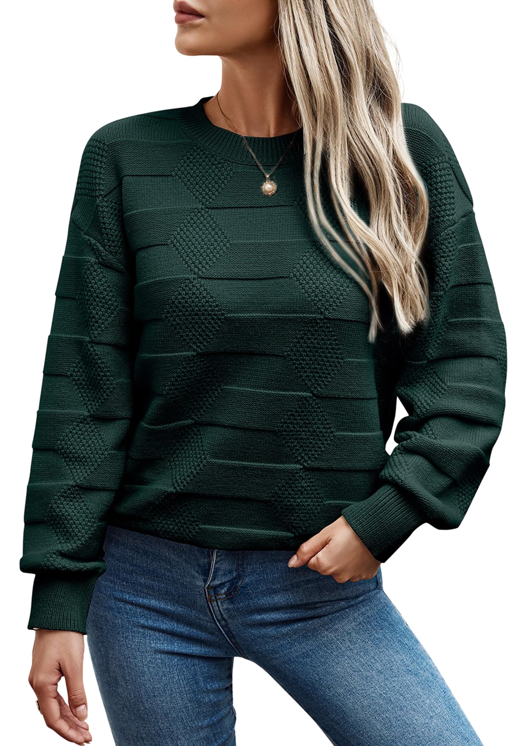 CCTOO Womens Oversized Pullover Sweaters Casual Long Sleeve Crewneck Drop Shoulder Checkered Knit Fall Winter Jumper Tops