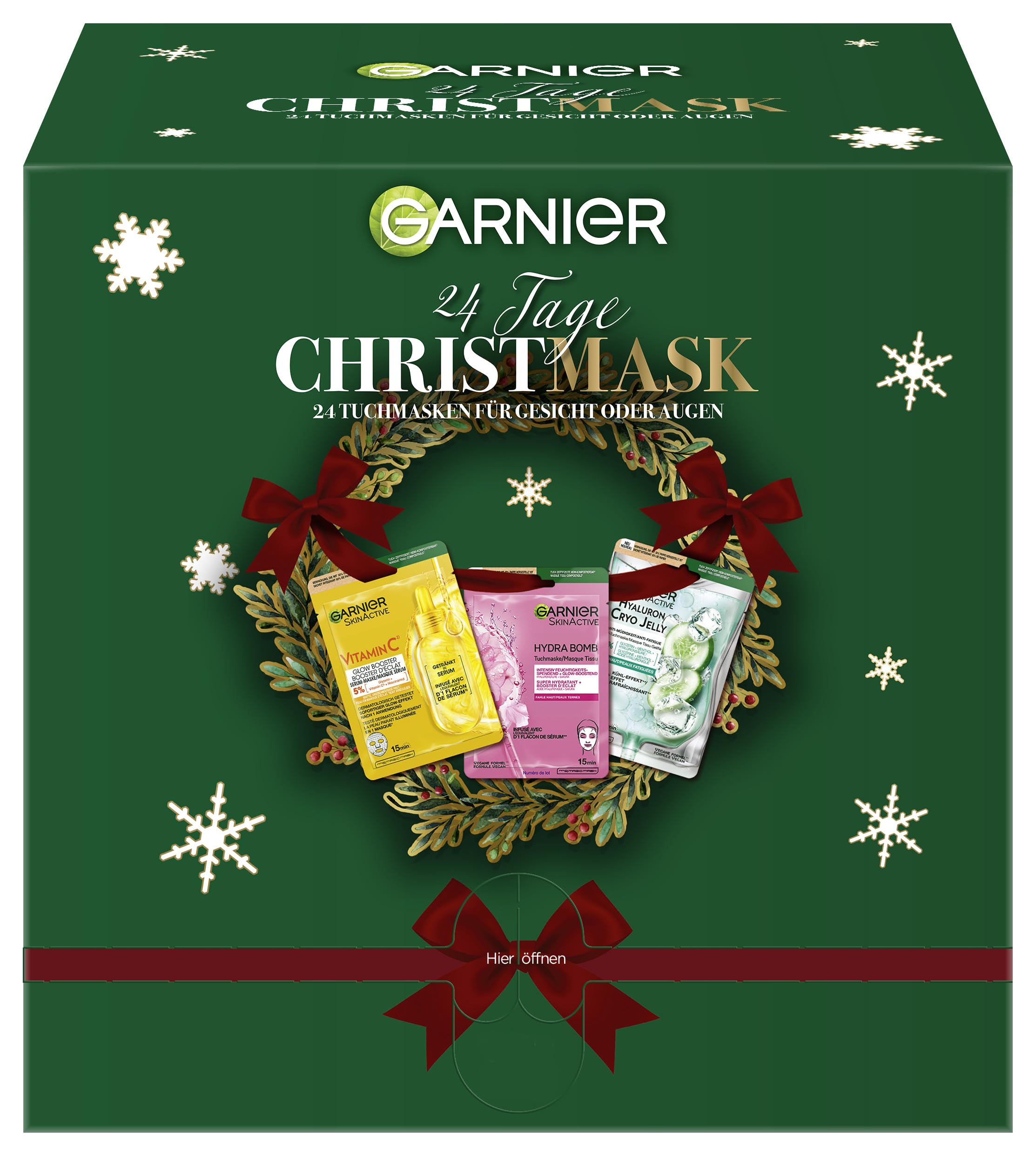 Garnier 24-częściowy kalendarz adwentowy z maseczkami, zestaw kosmetyków z maseczkami do twarzy firmy Hydra Bomb i SkinActive, różne maseczki z tkaniny, na kojące momenty maski, 1 x 24 maski