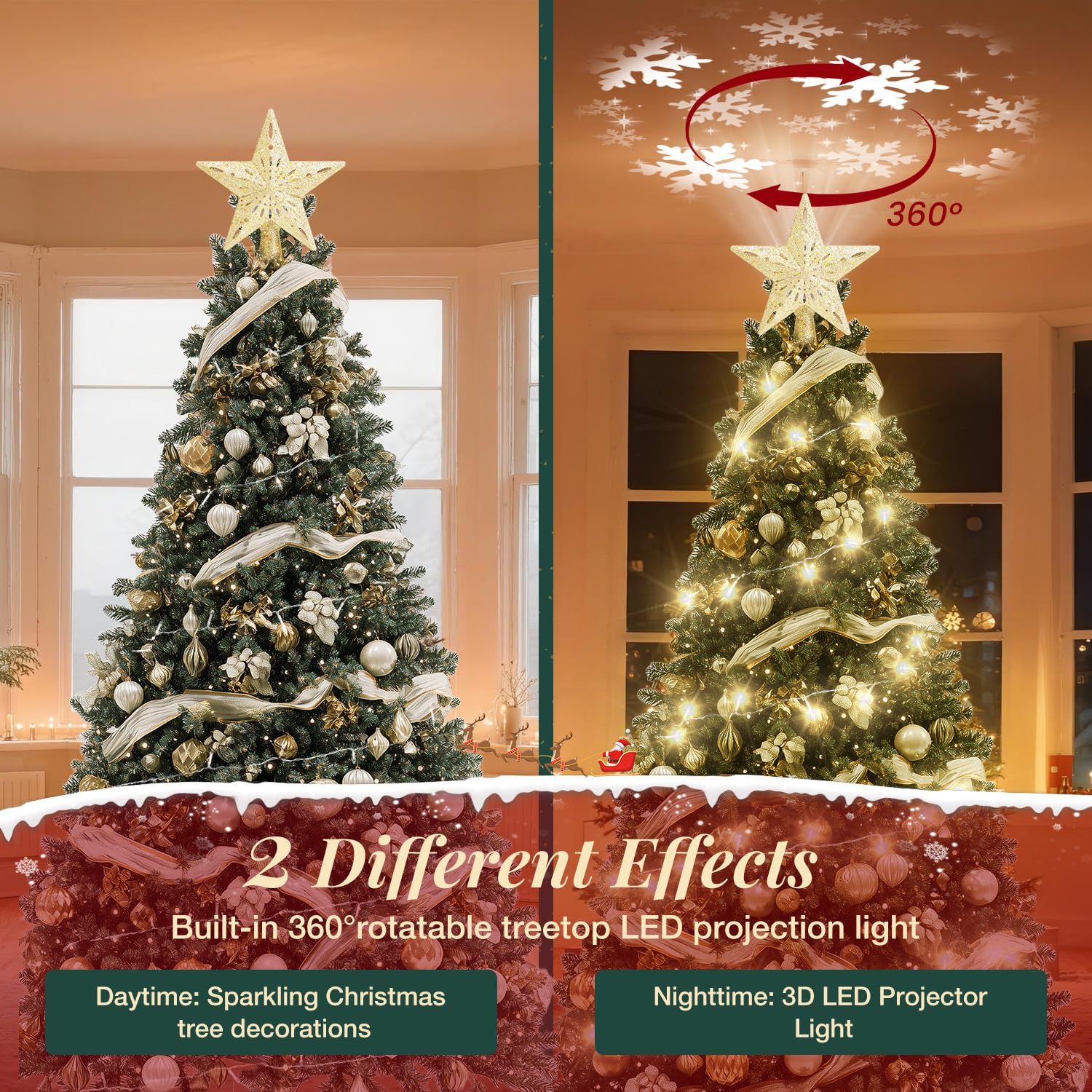 Cimier de sapin de Noël éclairé avec guirlande lumineuse chaude de 10 m - Décoration de sapin de Noël avec projecteur rotatif 3D - Pour intérieur ou extérieur - Pour fête de Noël - Doré