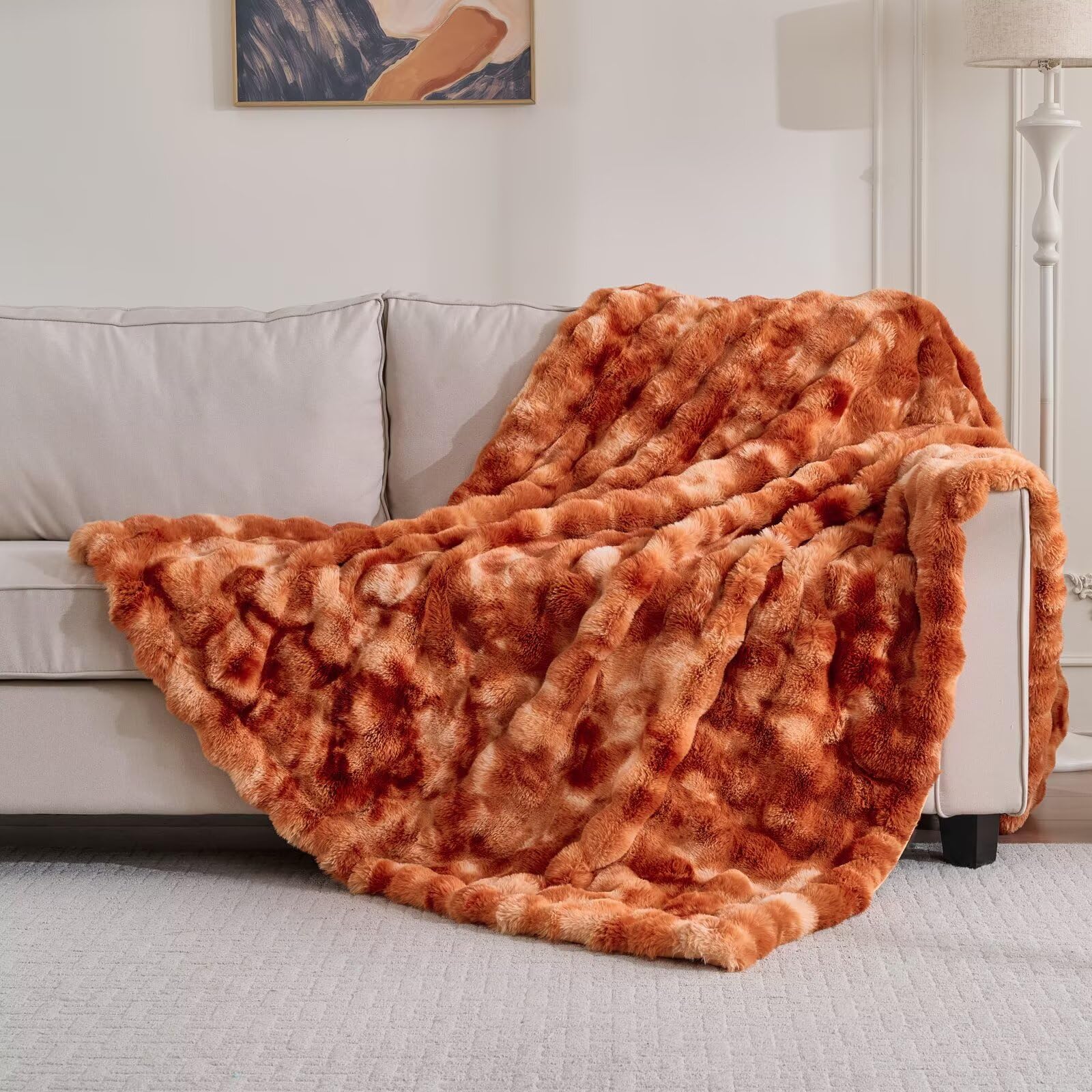 760GSM Faux Rabbit Faux Fur Throw Blanket,Super Thick Warm Bubble Blanket Throw,Fuzzy Luxury Plush Decorative Blanket for Couch Bed Sofa(Tie-dye Burnt Orange,50''x 60'')
