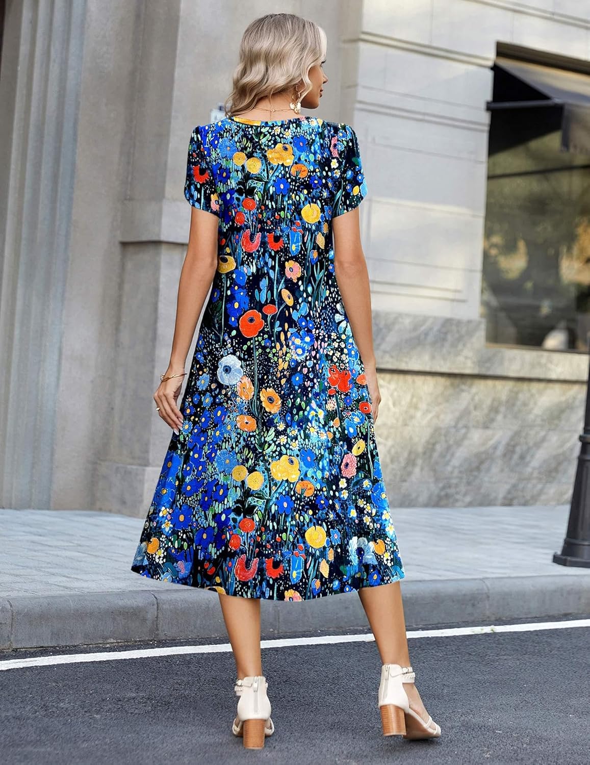 Zeagoo Womens Casual Summer Dress 2026 Petal Short Sleeve Dresses with Pleats Midi A Line Flowy Dress Boho Sundress - Image 3