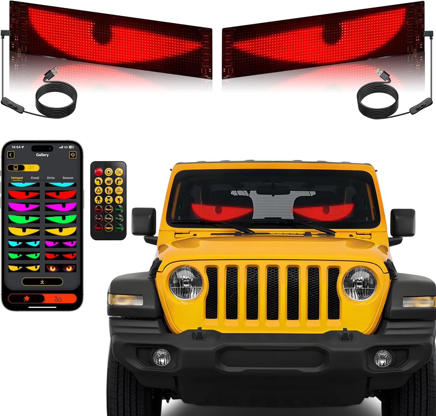 2PCS 15inx4in Devil Eyes Light for Car Windshield,Ojos LED para Carro,Programmable LED Eyes for Car Windshield,Scrolling Flexible Screen for Small to Medium-Sized Trucks