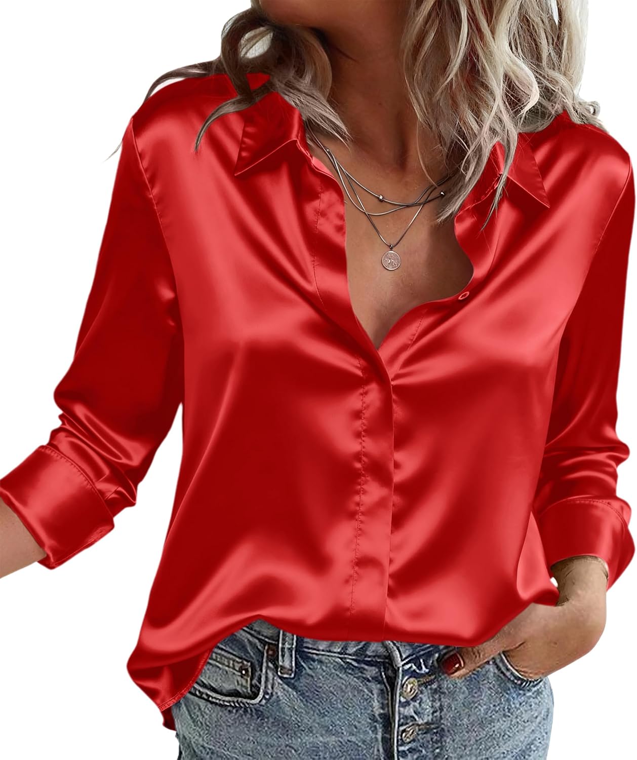 Zeagoo Satin Blouses for Women Casual Long Sleeve Button Down Silk Shirts Dressy Business Work Tunic Top
