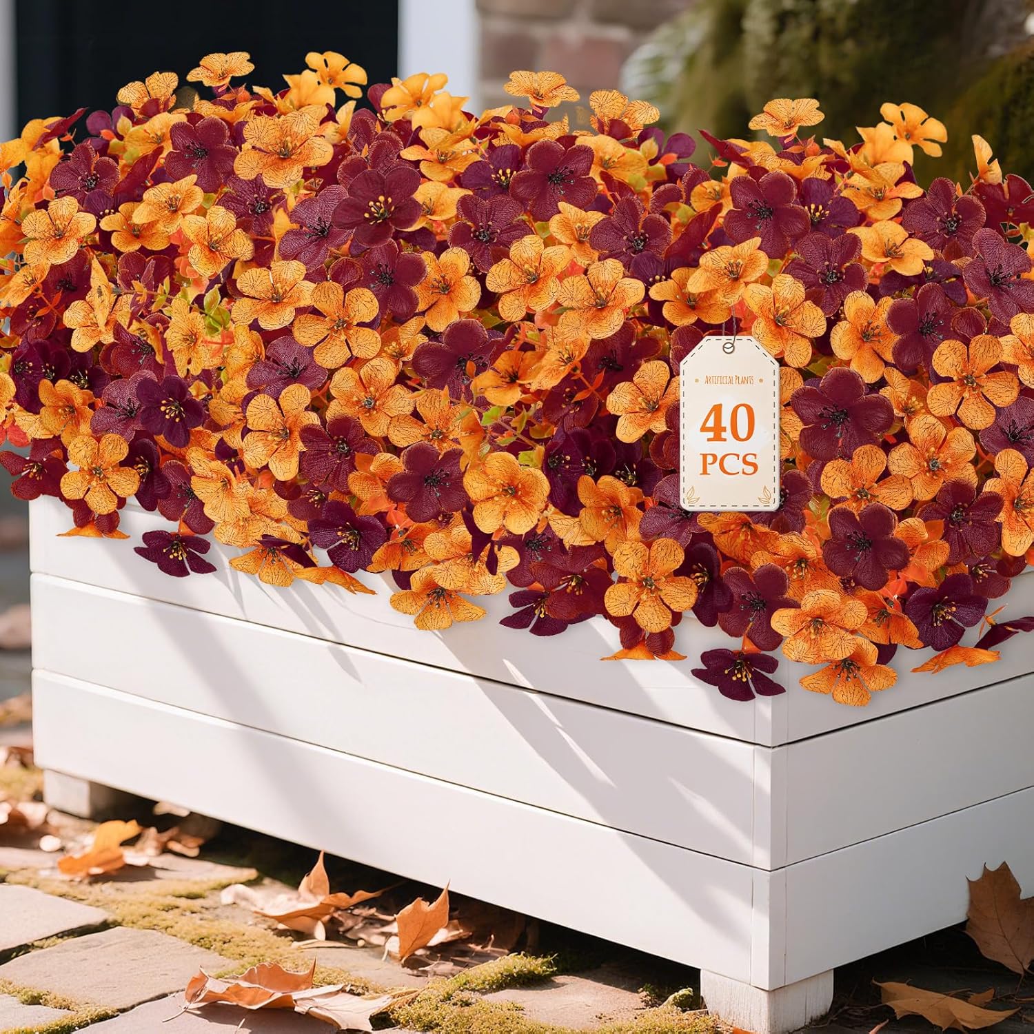 40 Bundles Artificial Fall Mums Flowers for Outdoors Decoration, UV Resistant Silk Violet Faux Eucalyptus Autumn Big Fake Plants for Outside Indoor Yard Home Patio Porch Decor, YellowBrown