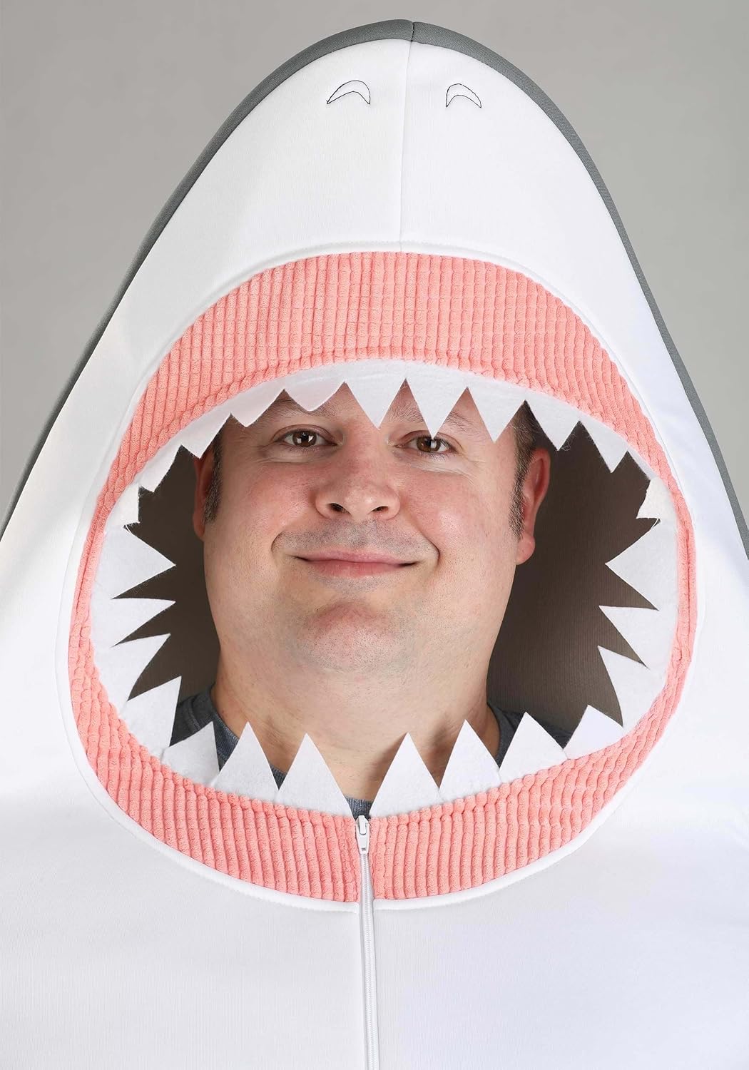 Adult Plus Size Great White Shark Halloween Costume, Predator Sea Creature Jumpsuit With Attached Fins