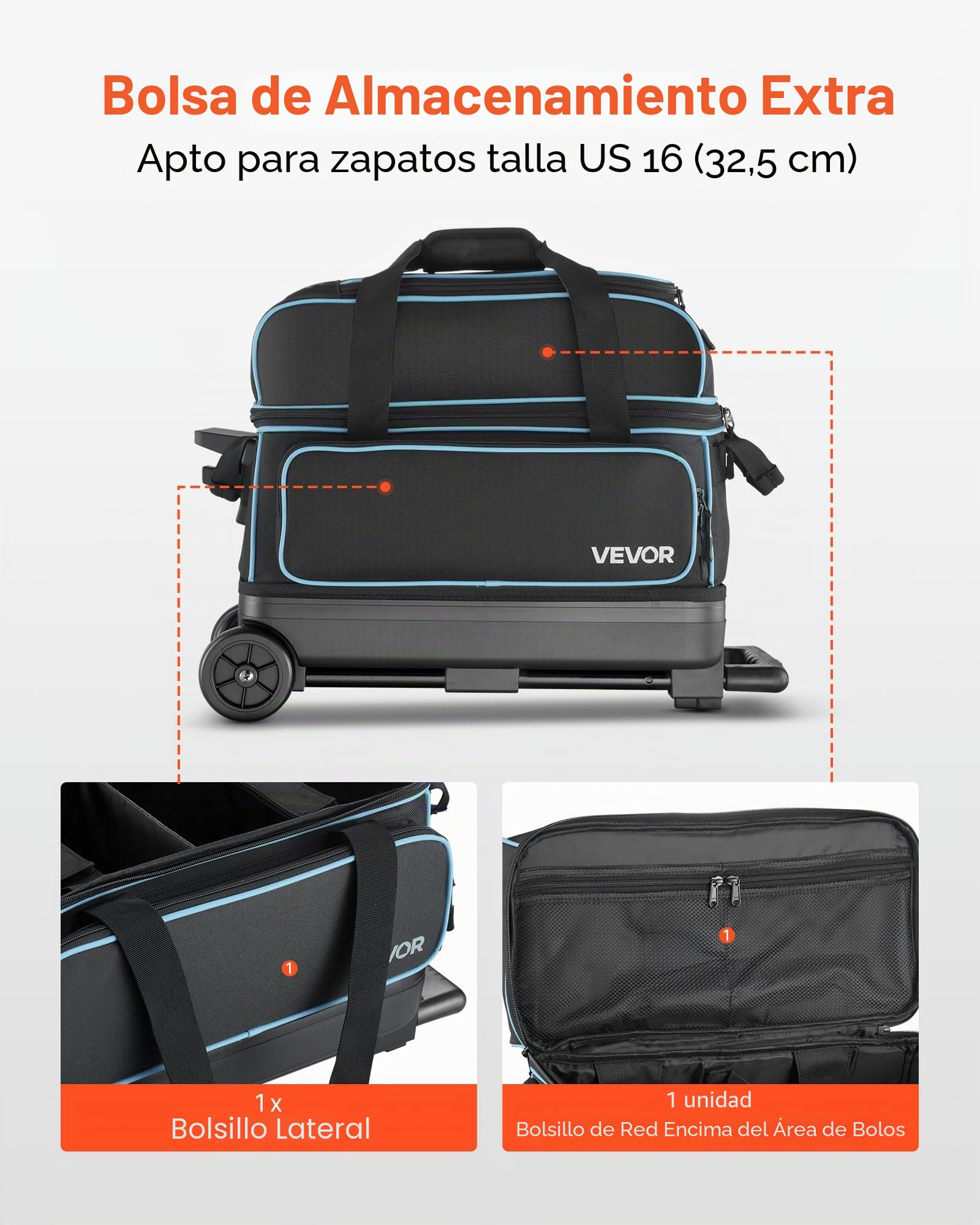 VEVOR Bolsa para 2 Bolas con Ruedas Dobles, Compartimento Separado para Zapatos hasta Talla 16 EE. UU. y Bolsillo Extragrande para Accesorios. Asa Retráctil Extensible hasta 105 cm, Negro Azul