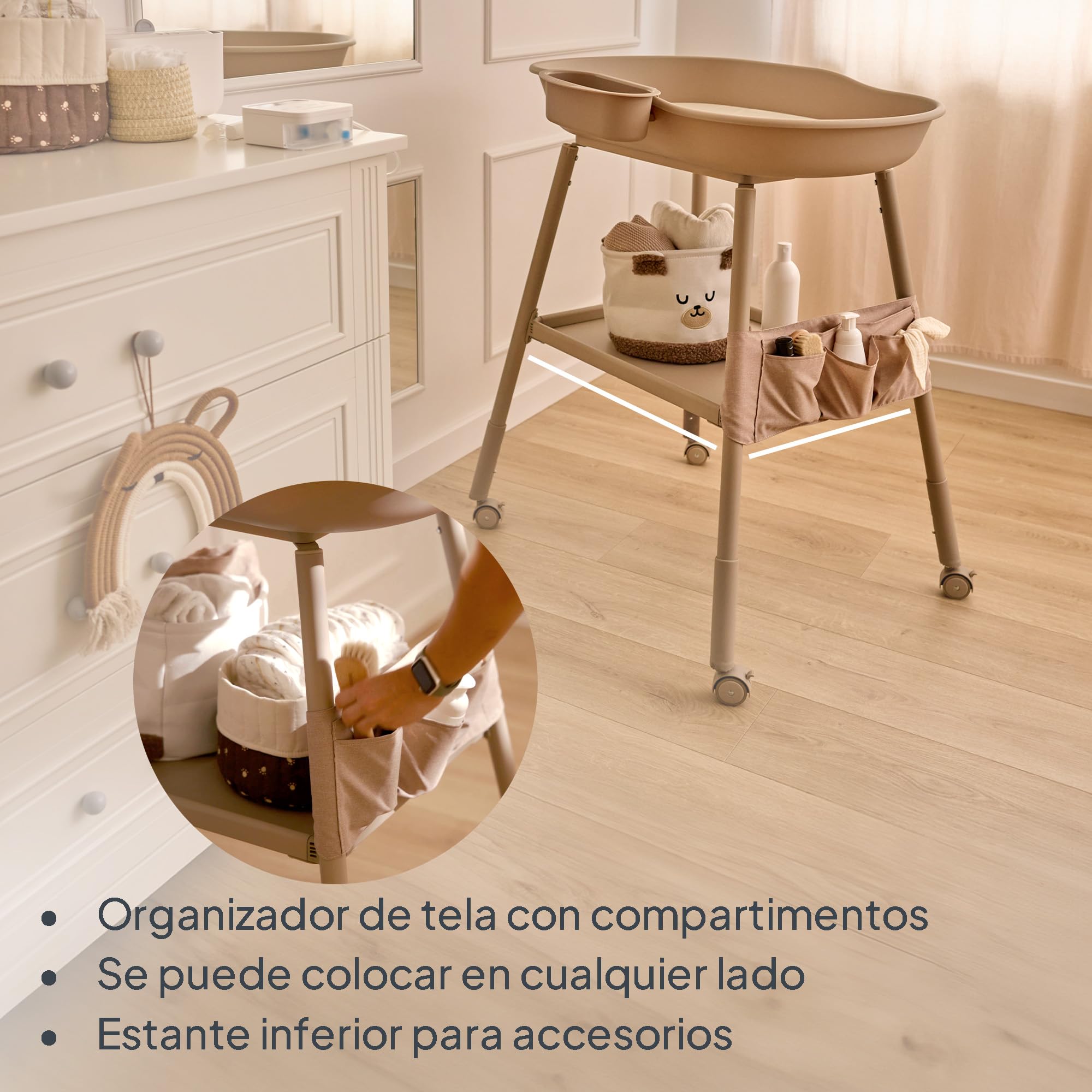 Lionelo Rosie cambiador de bebé, móvil con ruedas, colchón cambiador impermeable, altura regulable, organizadores para accesorios, cuenco para agua, estante para pañales