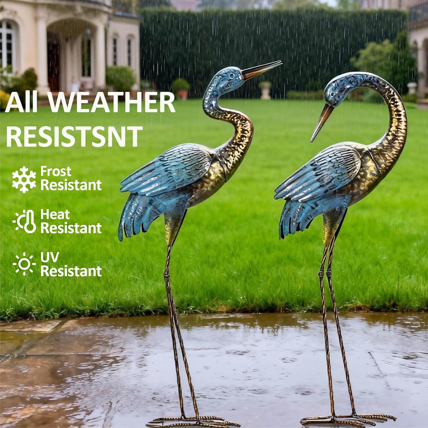 Natelf Garden Crane Statues Outdoor, Standing Blue Heron Decoy Sculptures, Metal Bird Yard Art for Lawn Patio Backyard Decoration(Set of 2)