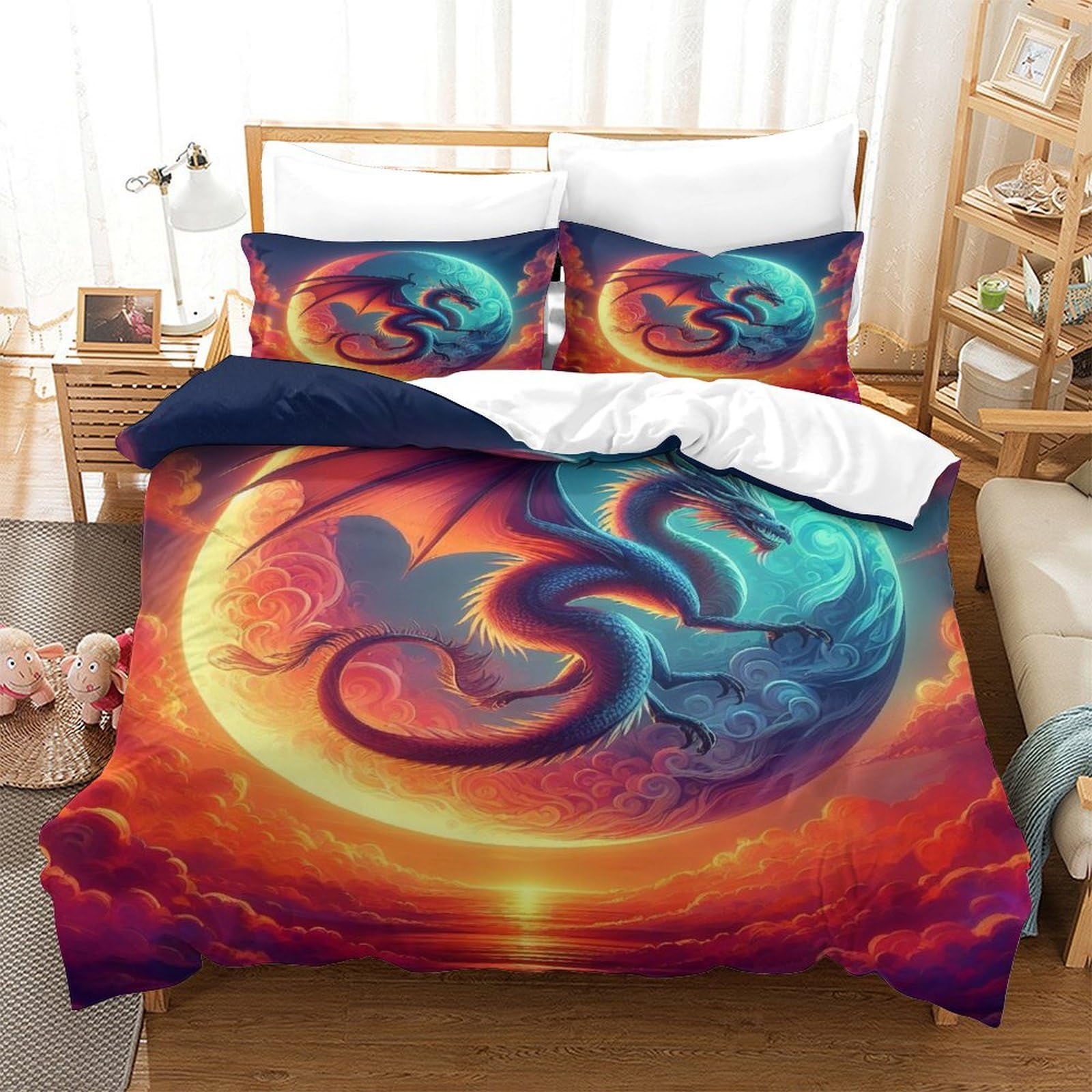 QPIRINMEX Flying Dragon 3D Microfiber Duvet Cover Set with Zipeer Closure for Kids Teens Adults Bedding Quilt Cover 3 Pieces Set King（220x240cm）