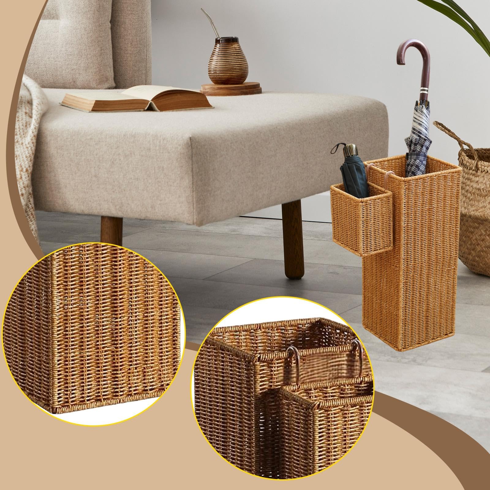Soporte para Paraguas Decorativo Que Ahorra Espacio, Organizador de Mimbre sintético Tejido para Entrada, Oficina o el hogar, 20x20x49 Cm