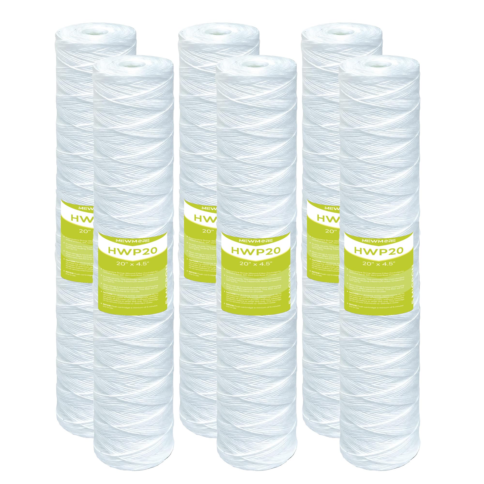5 Micron Whole House Water Filter Cartridge, String Wound Sediment Filters for Well Water, Universal Replacement for Any 20 inch Big Housings - 20" x 4.5" Cartridges - Pack of 6