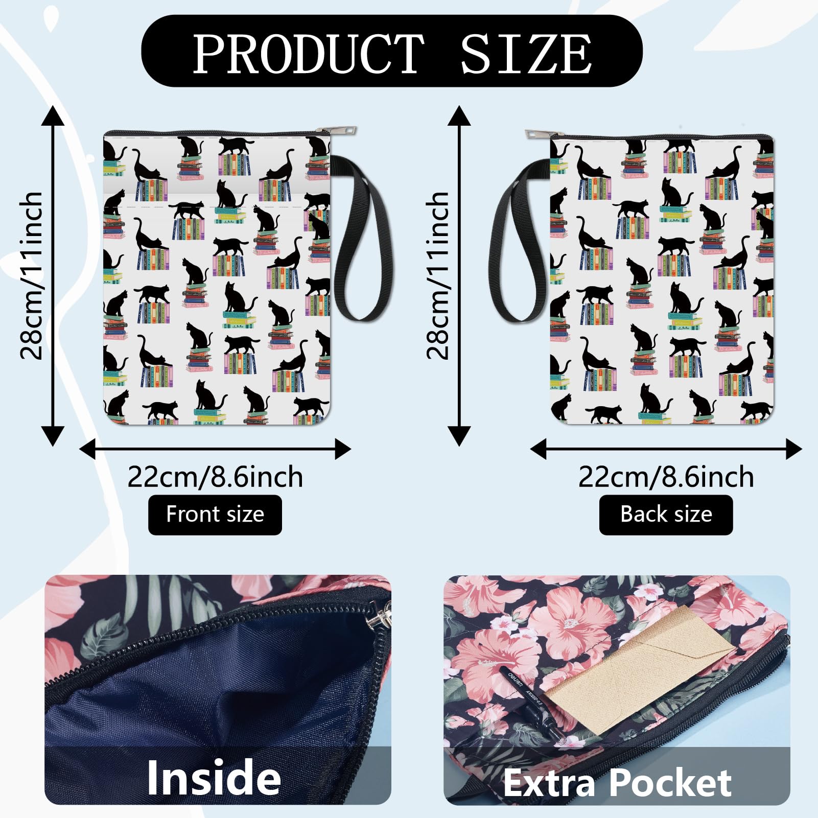 CRASPIRE Book Sleeve Book Cover with Zipper and Extra Sleeve Black Cat Protector Pouch for Paperbacks Book Lovers Washable Fabric Cloth Pocket for Classmate Friend Gifts - Image 2