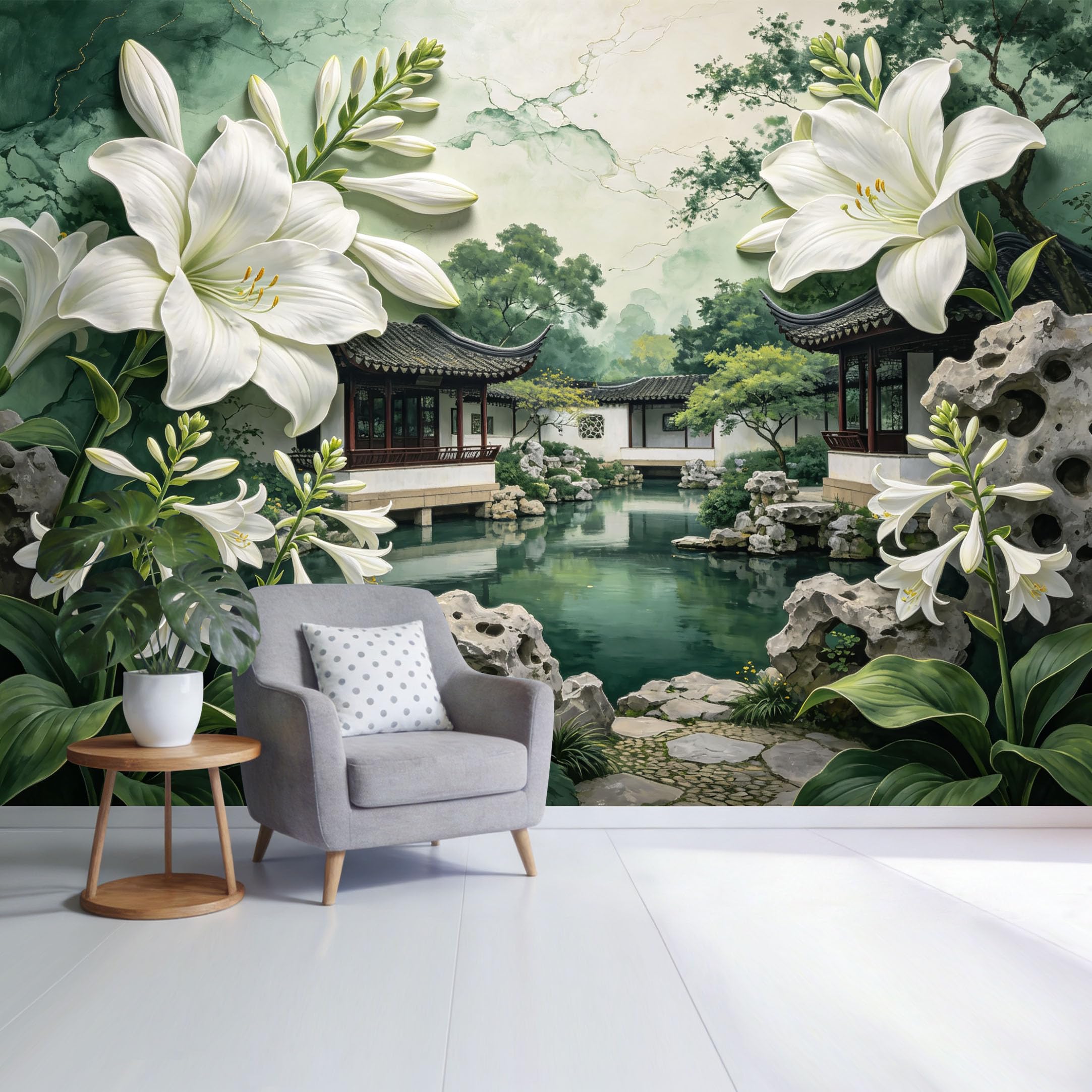 Custom Size Wall Mural Oriental Garden White Lily Botanical Landscape Watercolor Style SelfAdhesive Wall Fabric Removable Wallpaper for Home Office Decor
