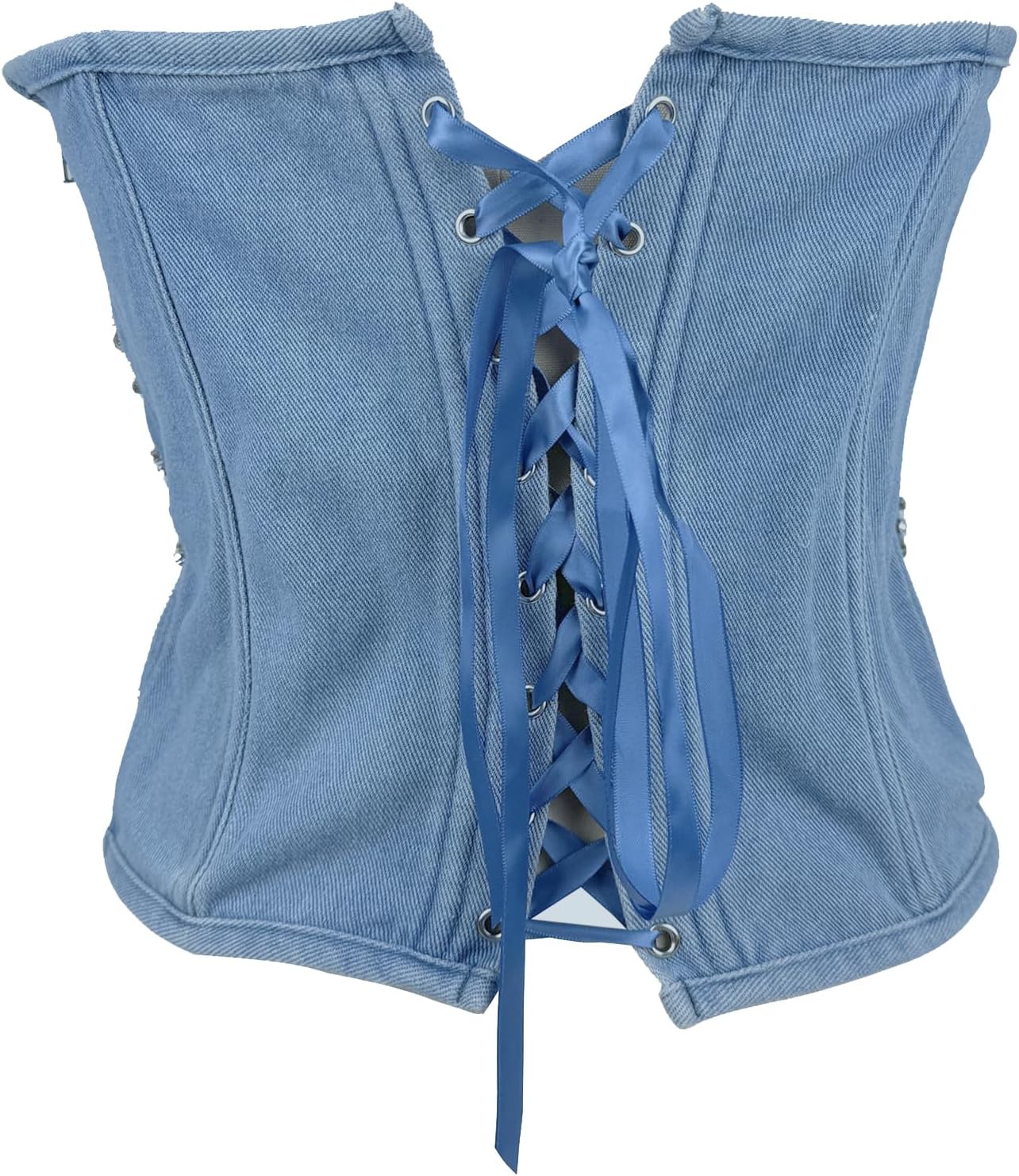 VEENDEO Women's Denim Rhinestone Corset Bustier Top Club Party Jean Side Zipper Bodysuit