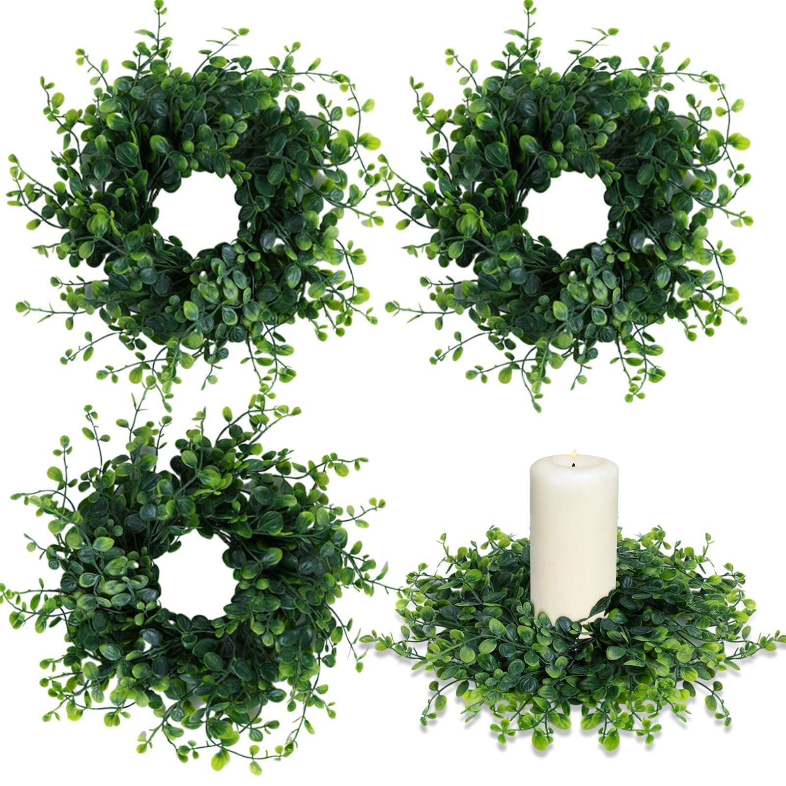 Kerzenringe für Frühling und Sommer, grüne Buchsbaumkränze, 7,6 cm, grüne Buchsbaumkerzenringe, Säulen, Küchenschrank, Kränze, Mini-Kerzenkranz für Hochzeit, Party, Dekoration, 4 Stück