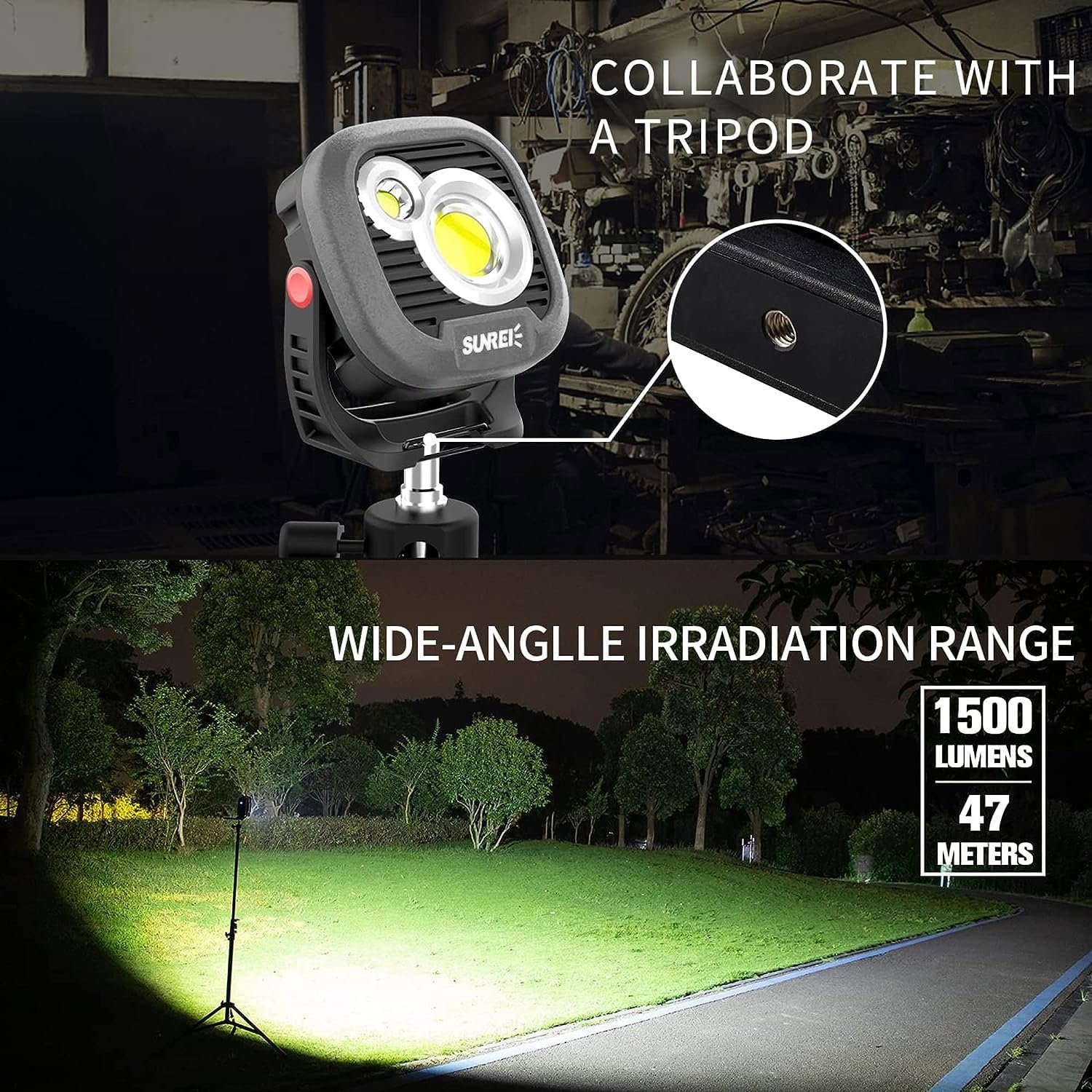 LED Rechargeable Magnetic Work Light SUNREI Mechanic Light Power Bank 180° Rotating,1500LM, 6 Modes,Magnetic&Hook, IPX5 Waterproof, Magnetic Flashlight for Camping, Car Repairing(Gary) - Image 6