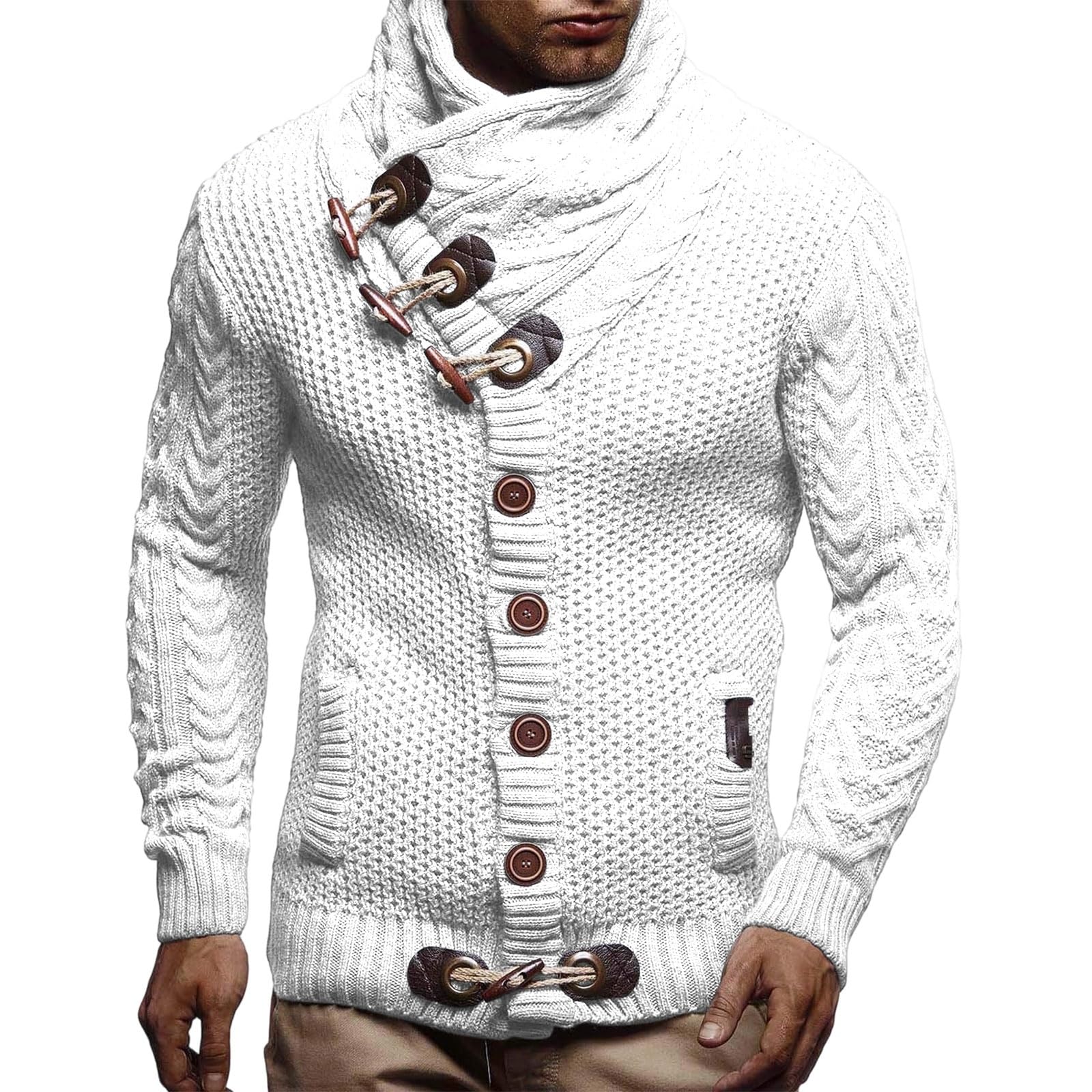 Greabuy Suéter de punto trenzado para hombre, cuello alto, térmico, cálido, con cremallera, casual, a la moda, cuello alto, ropa de invierno